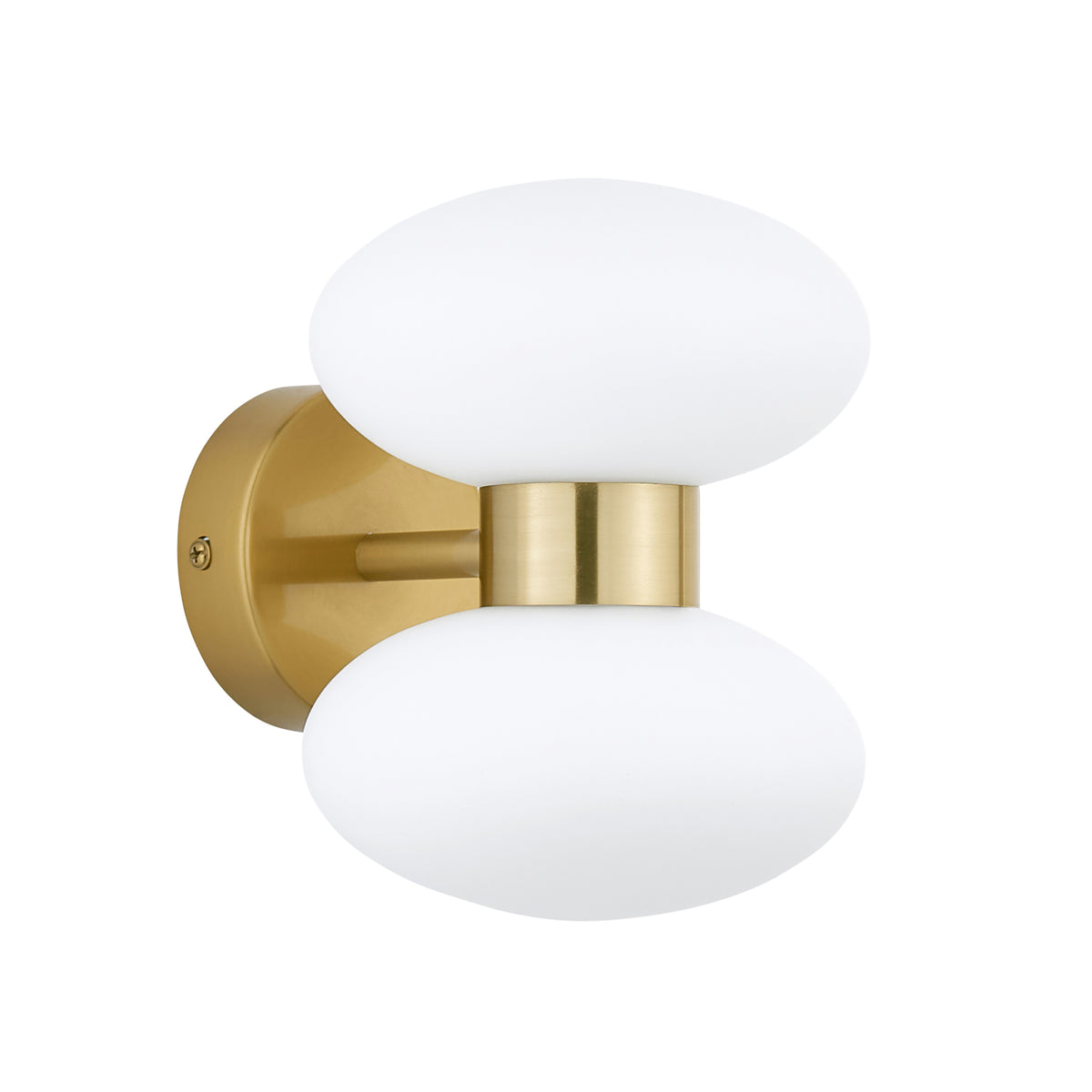 Rossano warm brass wall light shown at an angle with its pair of glossy opal glass shades