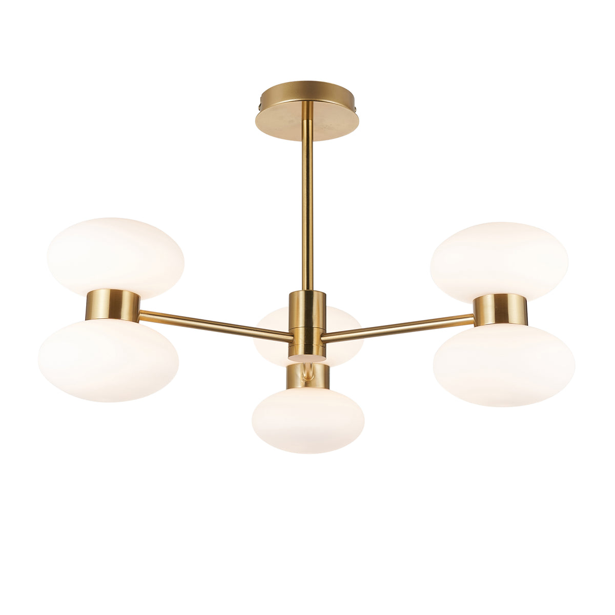 Rossano brass semi flush ceiling light with five opal glass oval shades on angled arms