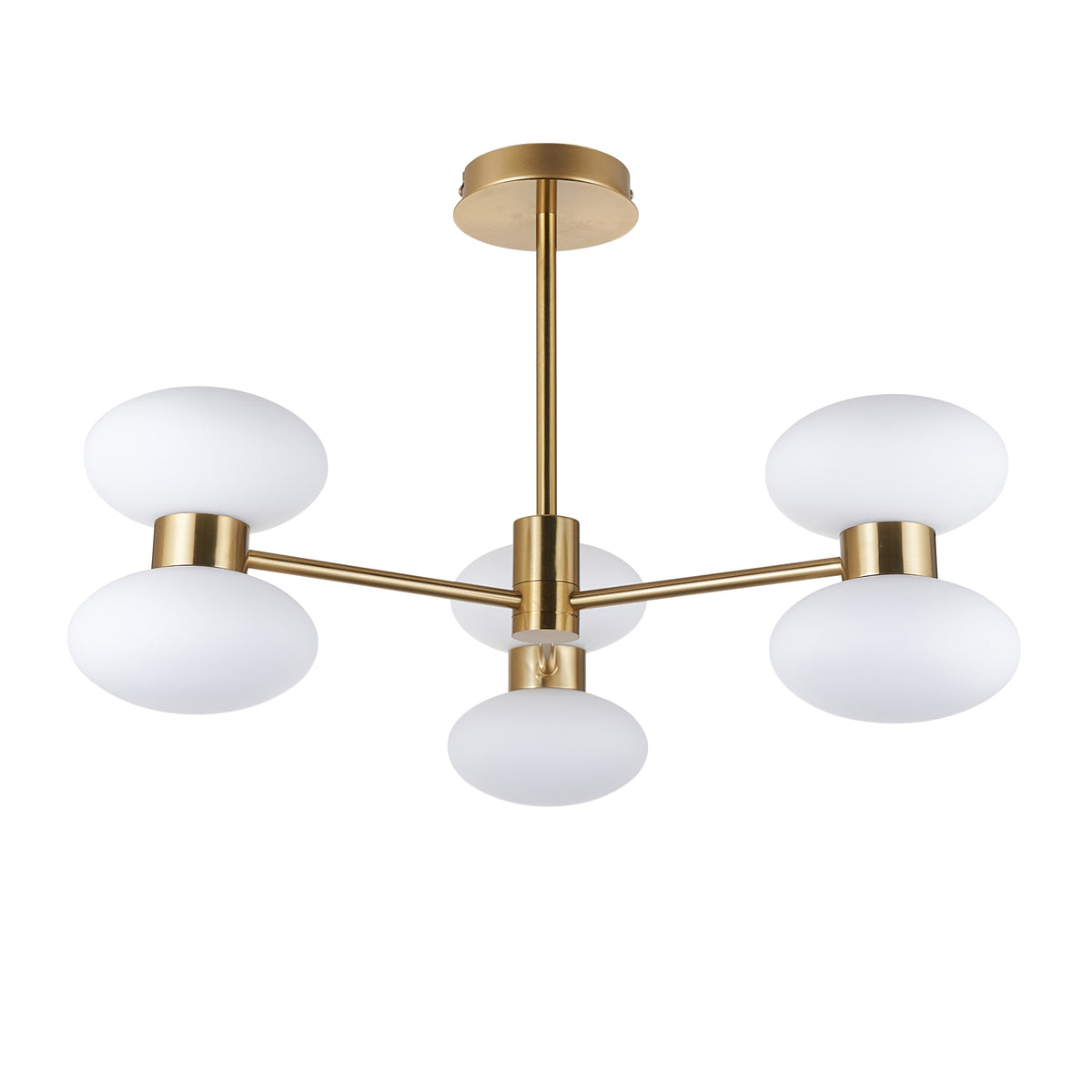 Rossano brass multi-arm fitting with opal glass oval shades on a plain background