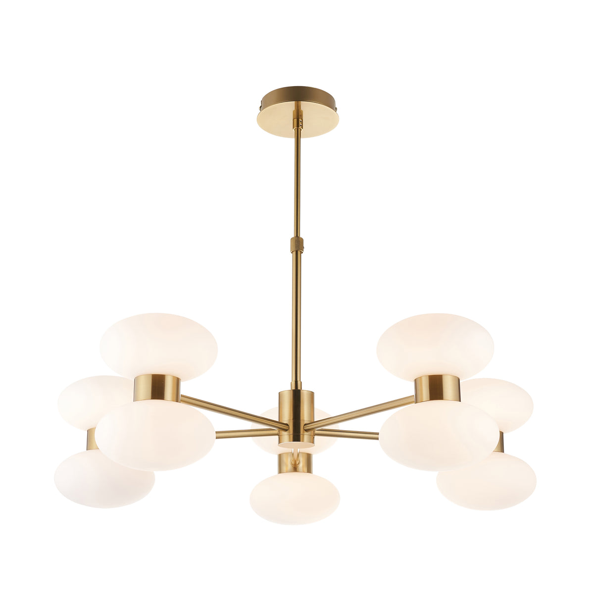 Rossano warm brass pendant with eight opal glass oval shades on radiating brass arms
