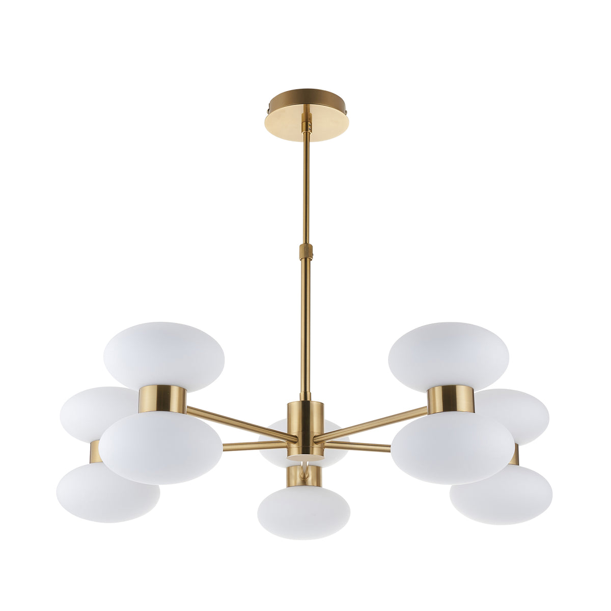 Rossano warm brass pendant with eight glossy opal glass shades, adjustable stem visible