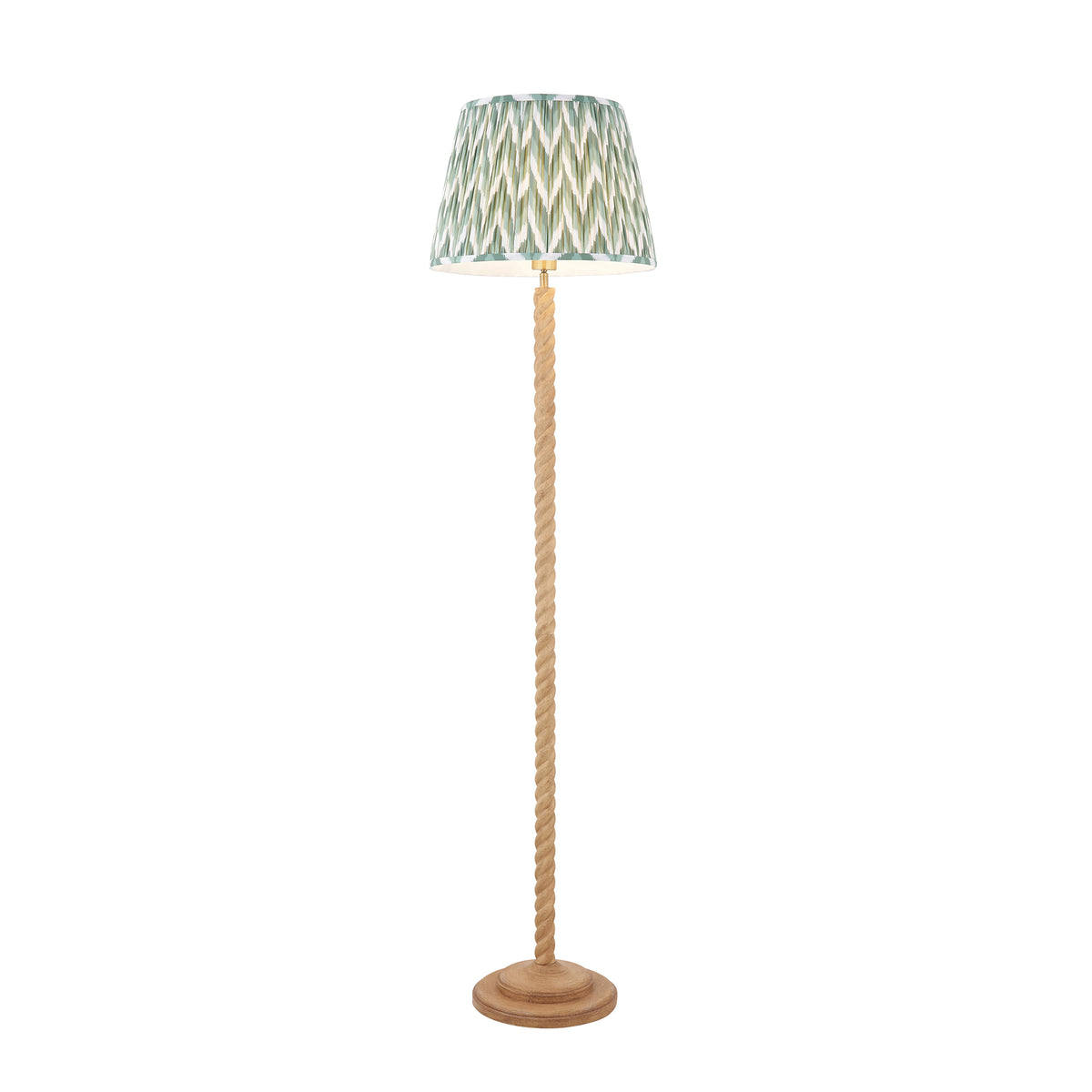 Twist floor lamp with oak effect resin barley twist stem and pleated green zigzag shade