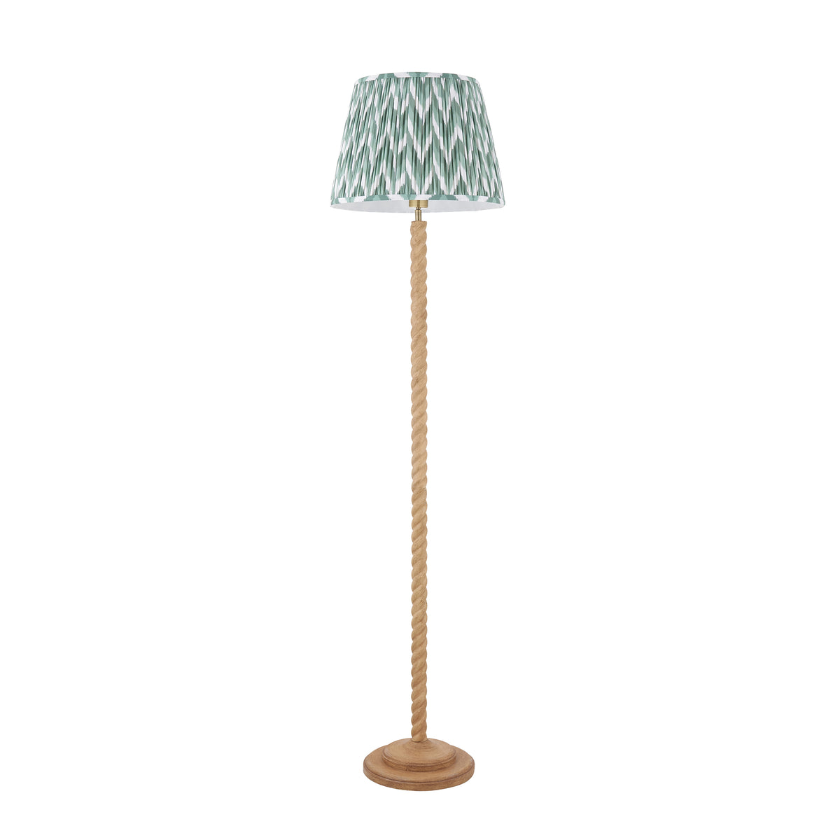 Twist oak effect resin floor lamp with green zigzag pleated shade, full length view
