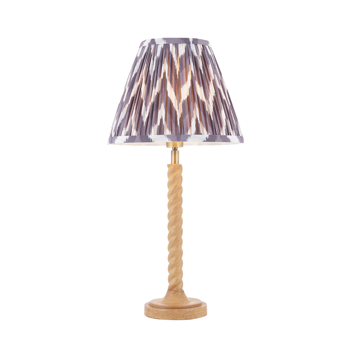 Twist & Zigzag oak effect table lamp with twisted stem and pleated grey zigzag ikat shade