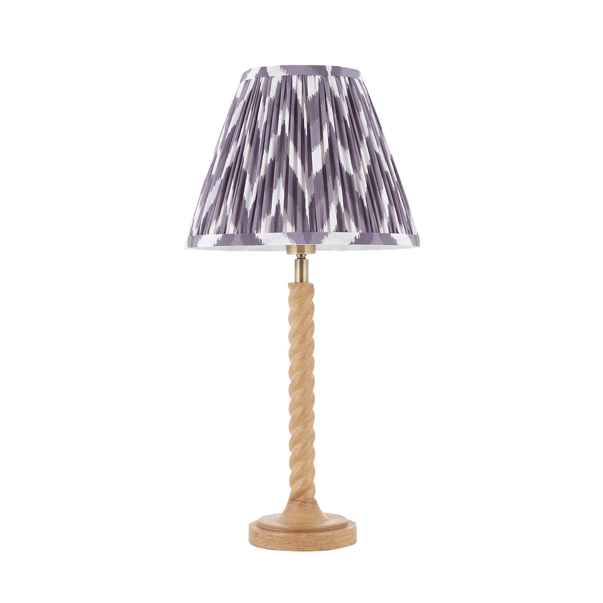 Twist & Zigzag oak effect table lamp shown complete with its grey zigzag pleated shade