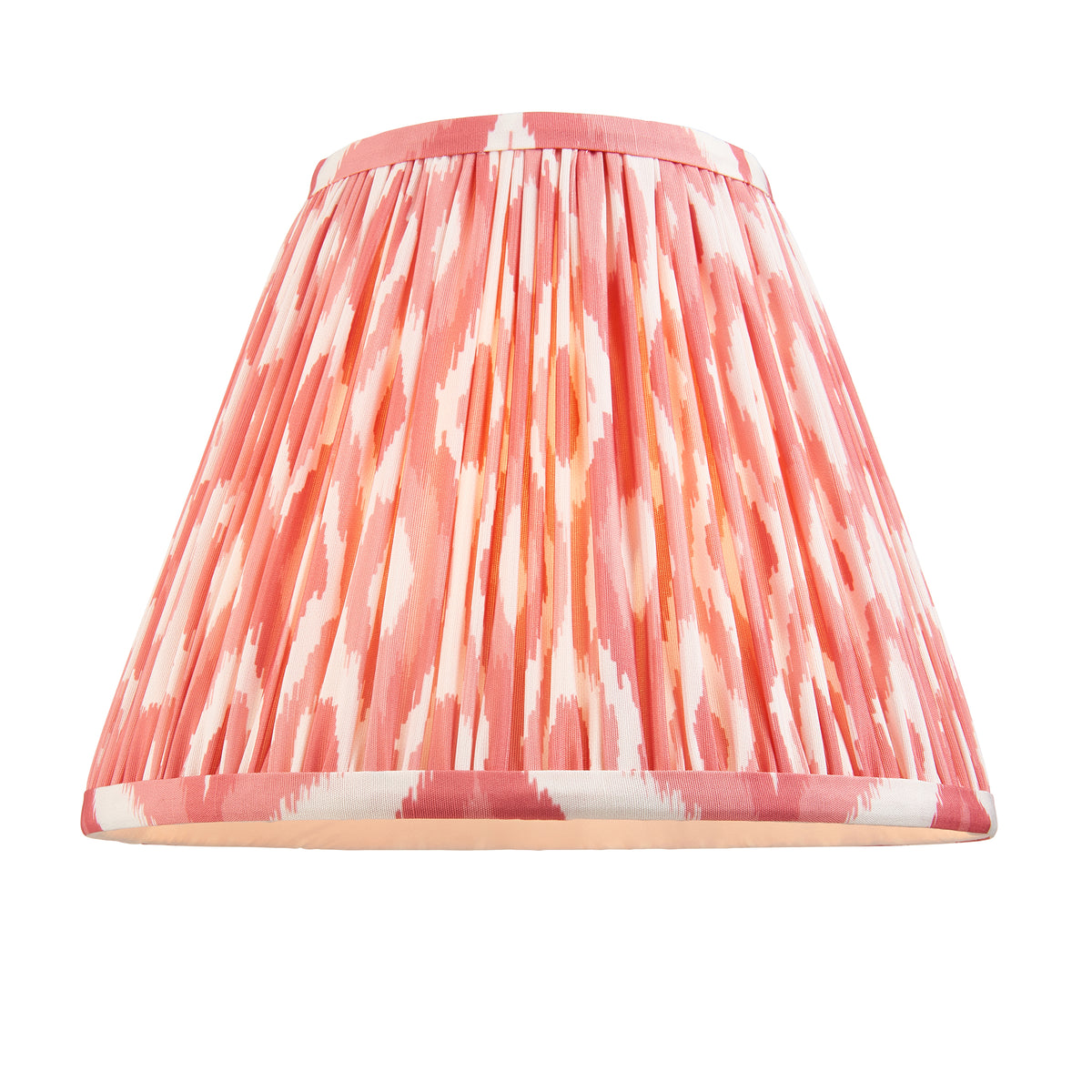 Pleated tapered lampshade in coral pink and cream ikat fabric