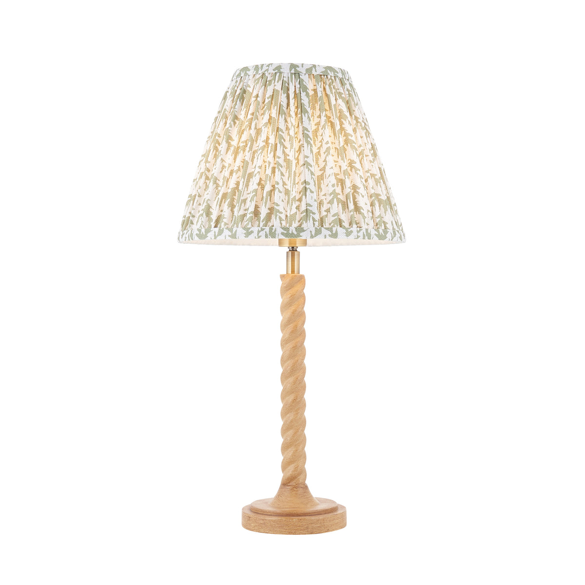 Twist & Leaf oak effect resin table lamp with twisted stem and pleated green leaf print shade