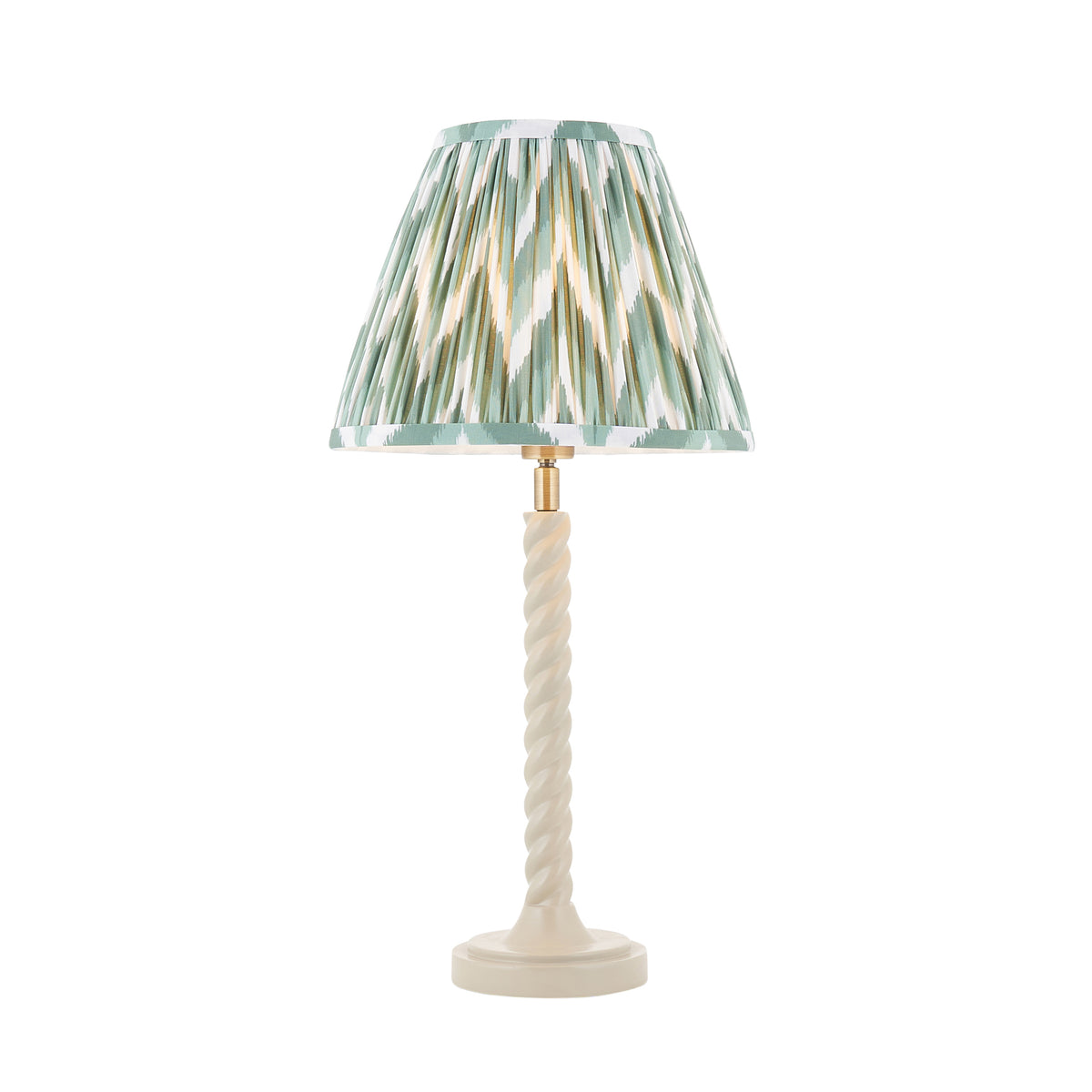 Twist & Zigzag green table lamp with almond white twisted stem and pleated green zigzag shade