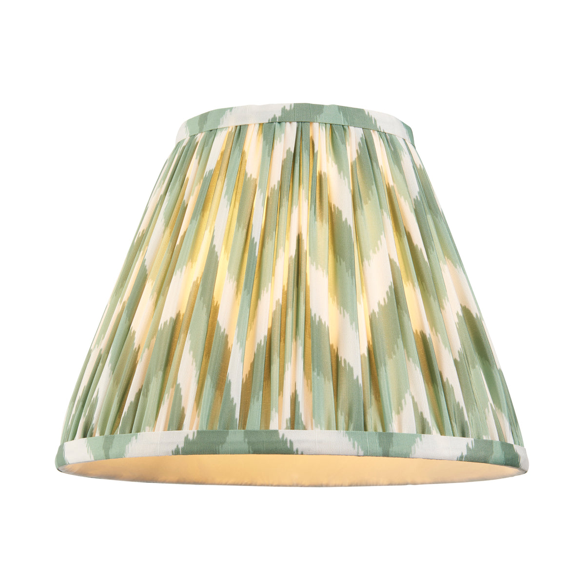 Pleated tapered lampshade in sage green, gold and cream zigzag fabric
