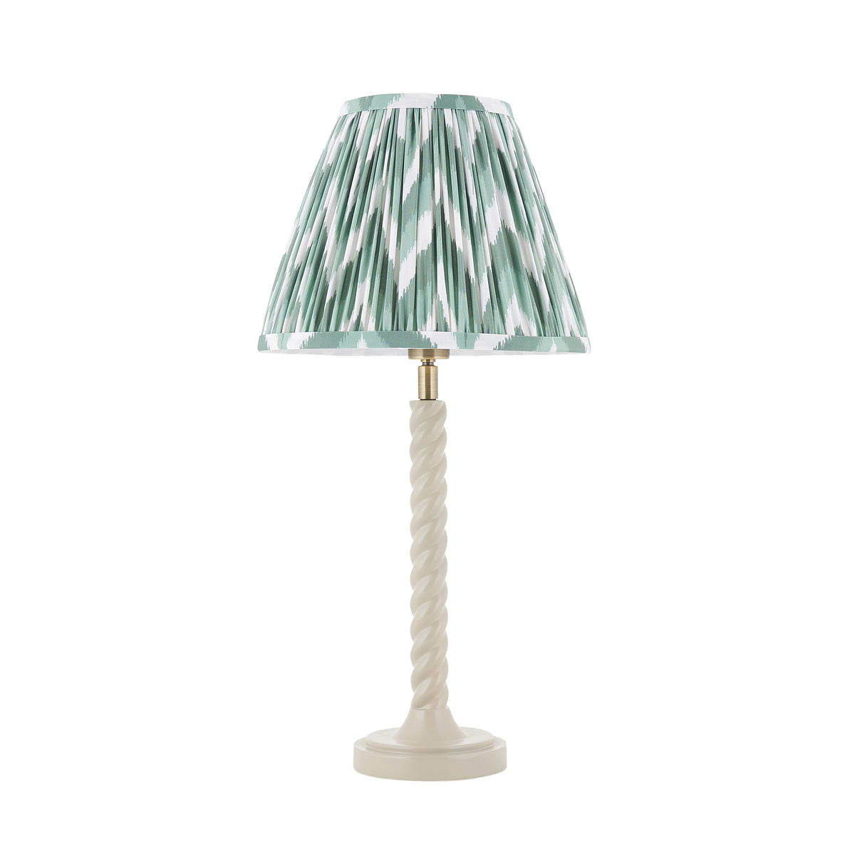 Twist & Zigzag green table lamp with twisted almond white stem and pleated green shade