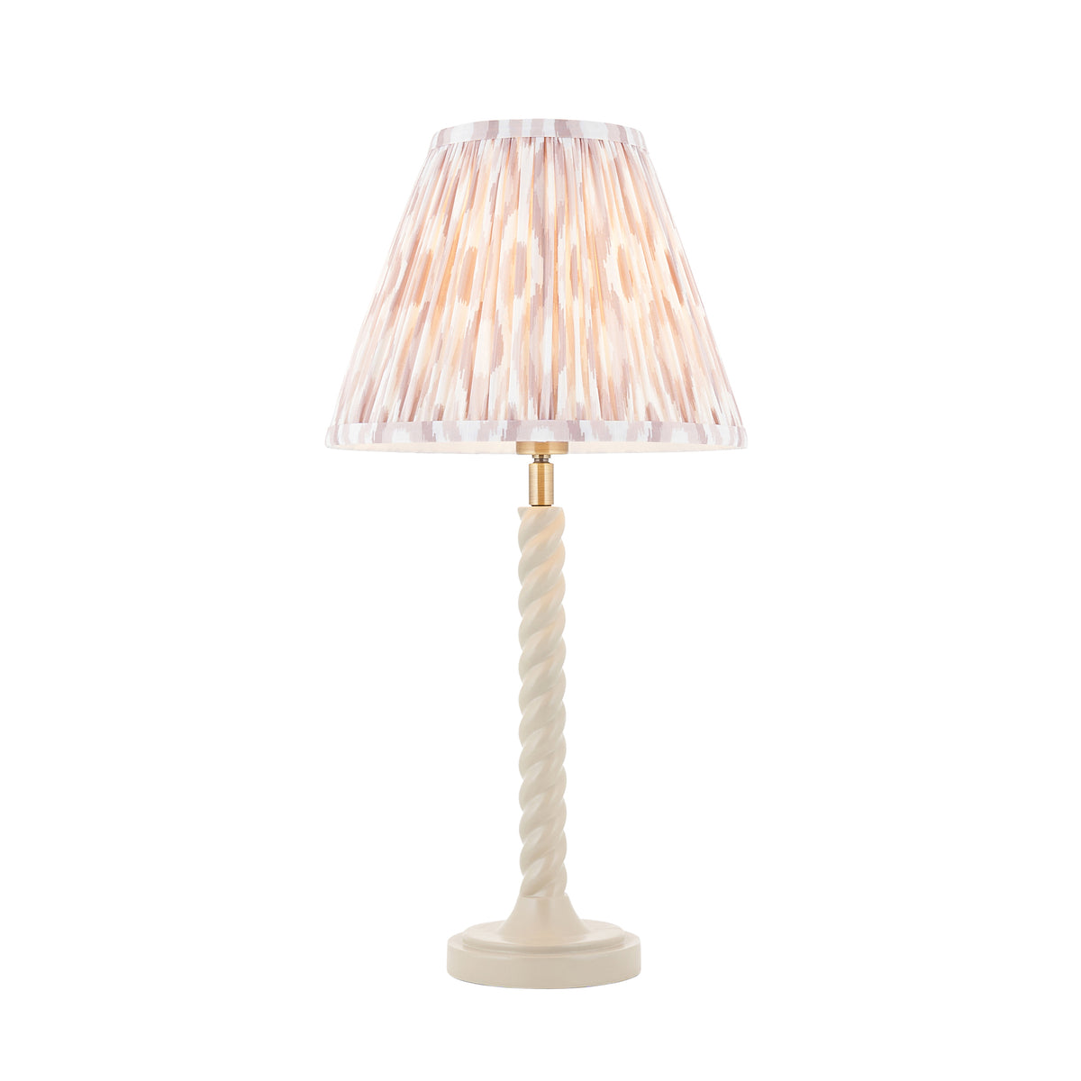 Twist & Ikat almond white table lamp with twisted column and neutral pleated ikat empire shade