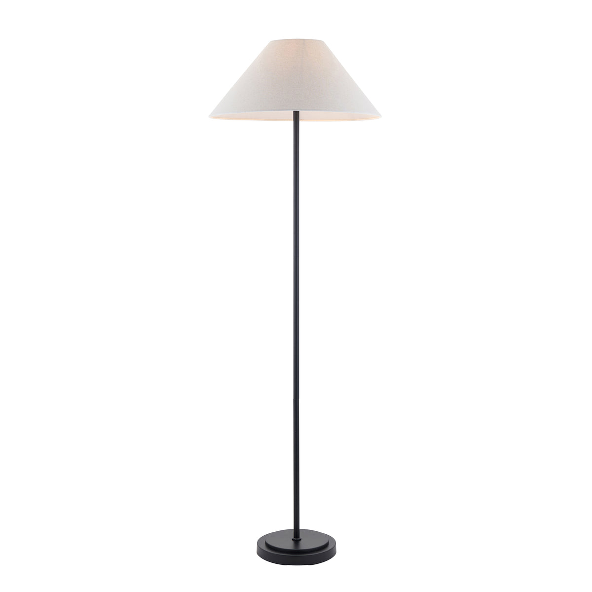 Arlo matt black floor lamp with slim stem, round base and wide natural linen coolie shade