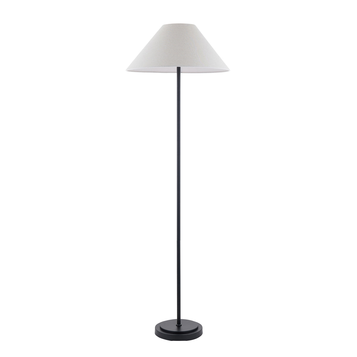 Arlo matt black floor lamp with tall slender stem and natural linen coolie shade