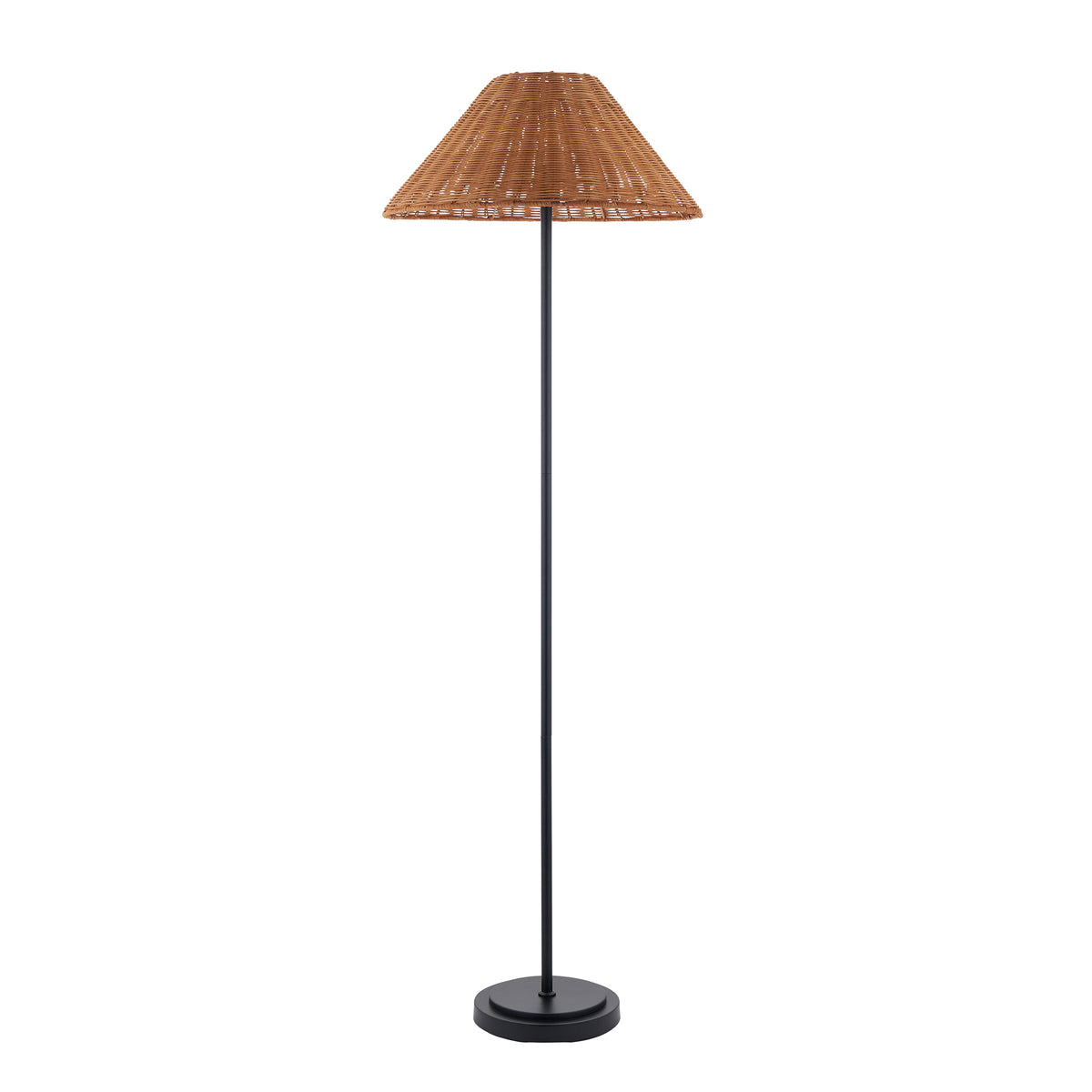 Arlo floor lamp in matt black with tall stem and brown rattan tapered coolie shade