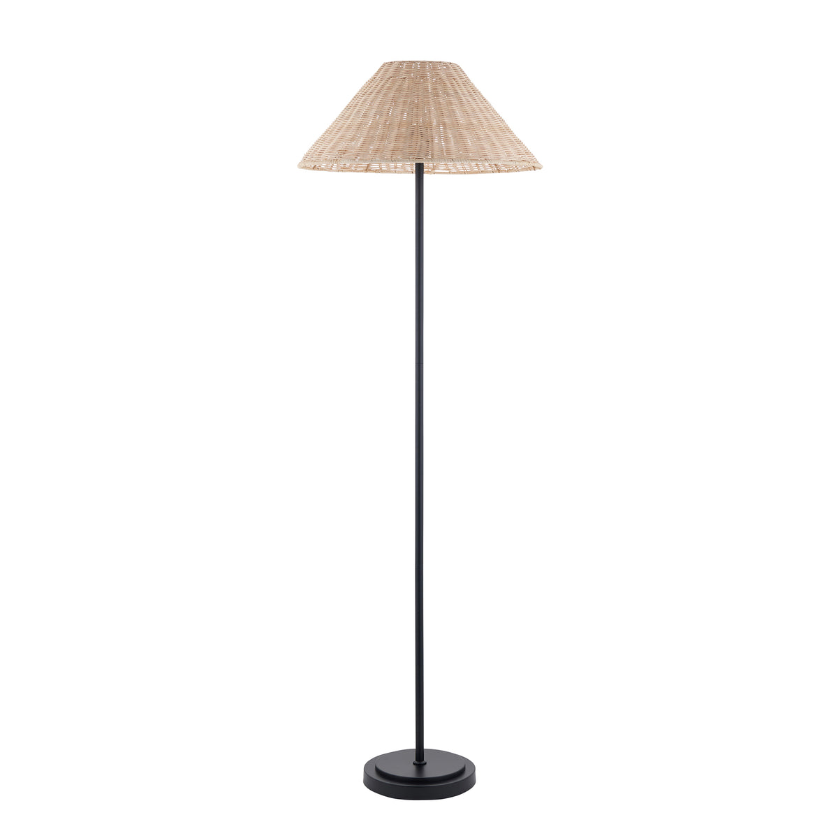 Arlo matt black floor lamp with slim stem and pale natural rattan coolie shade
