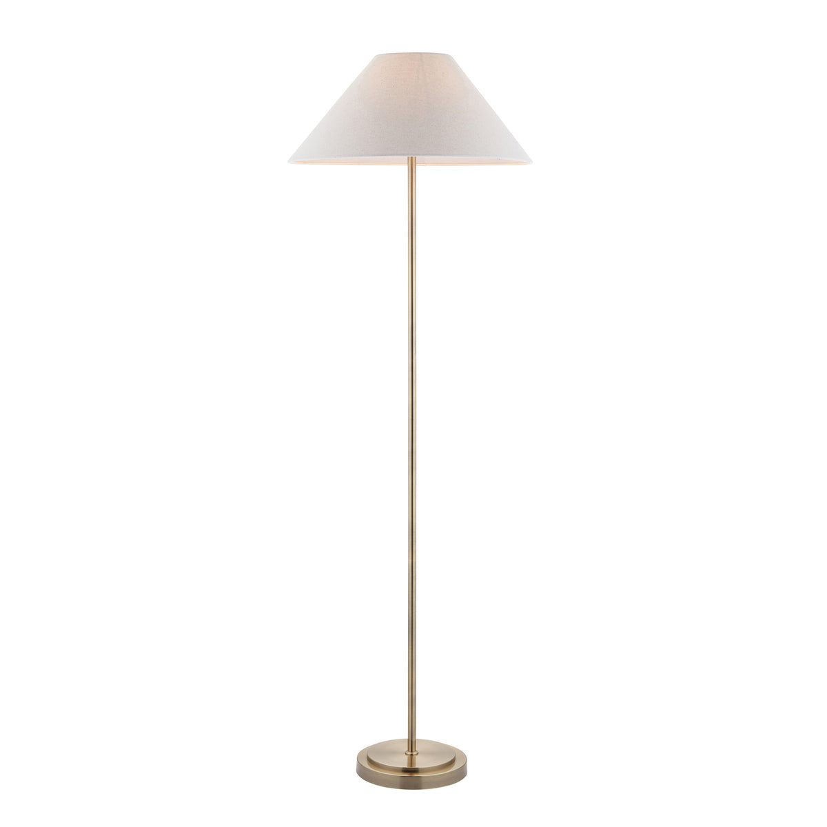 Arlo antique brass floor lamp with slim stem and wide natural linen coolie shade