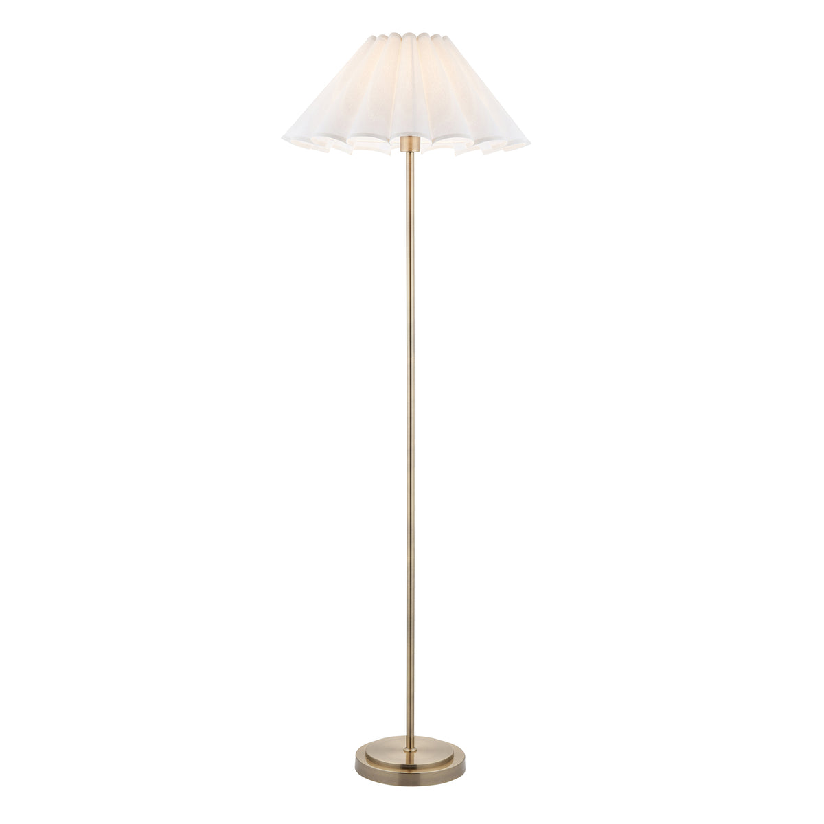 Arlo & Ayla antique brass floor lamp with a white scalloped pleated fabric shade