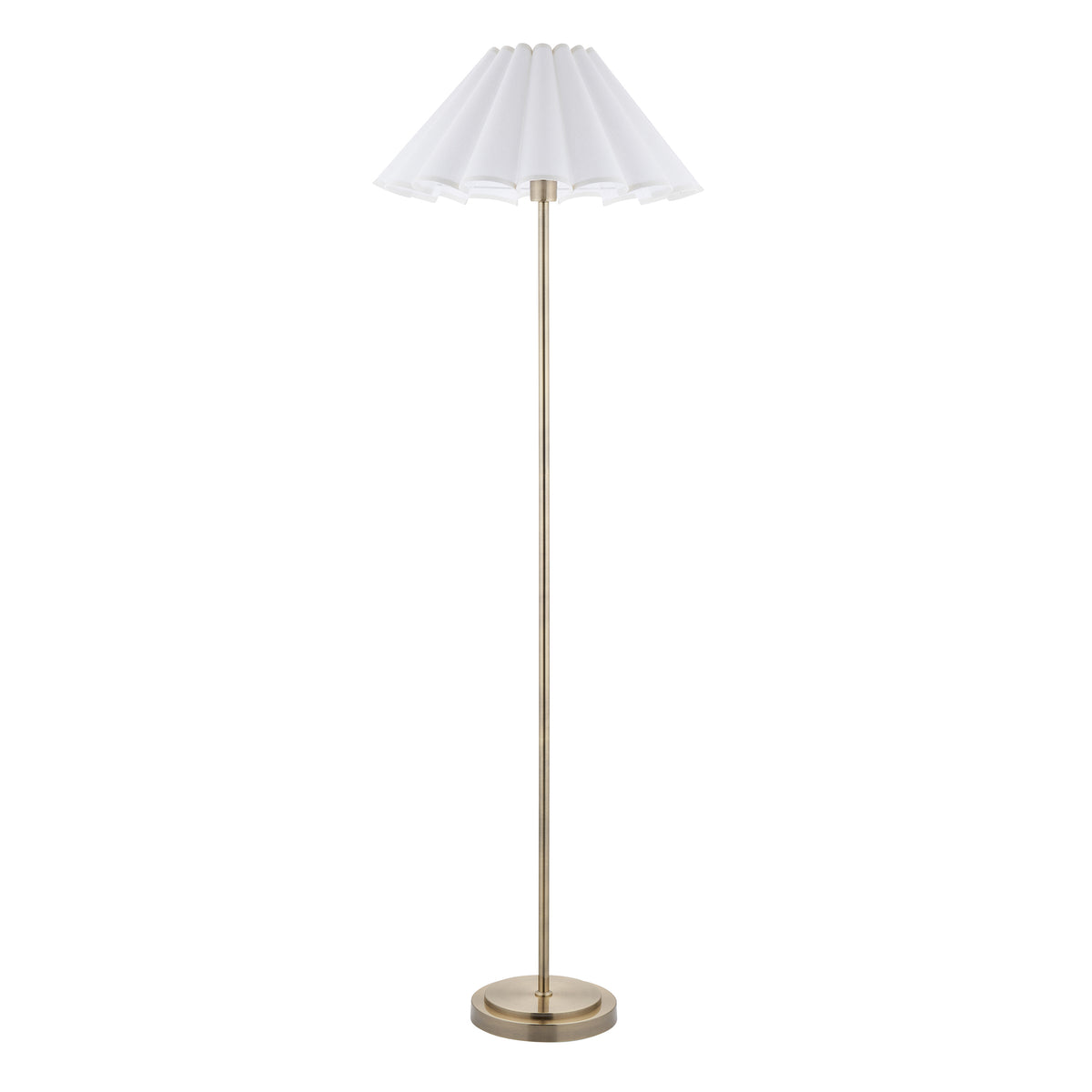 Arlo & Ayla antique brass floor lamp with tall stem and white scalloped pleated shade
