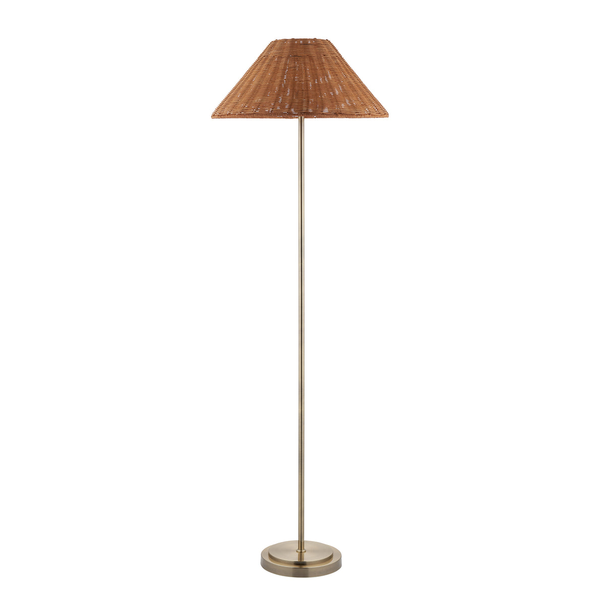 Arlo antique brass floor lamp with slender stem and brown rattan tapered coolie shade