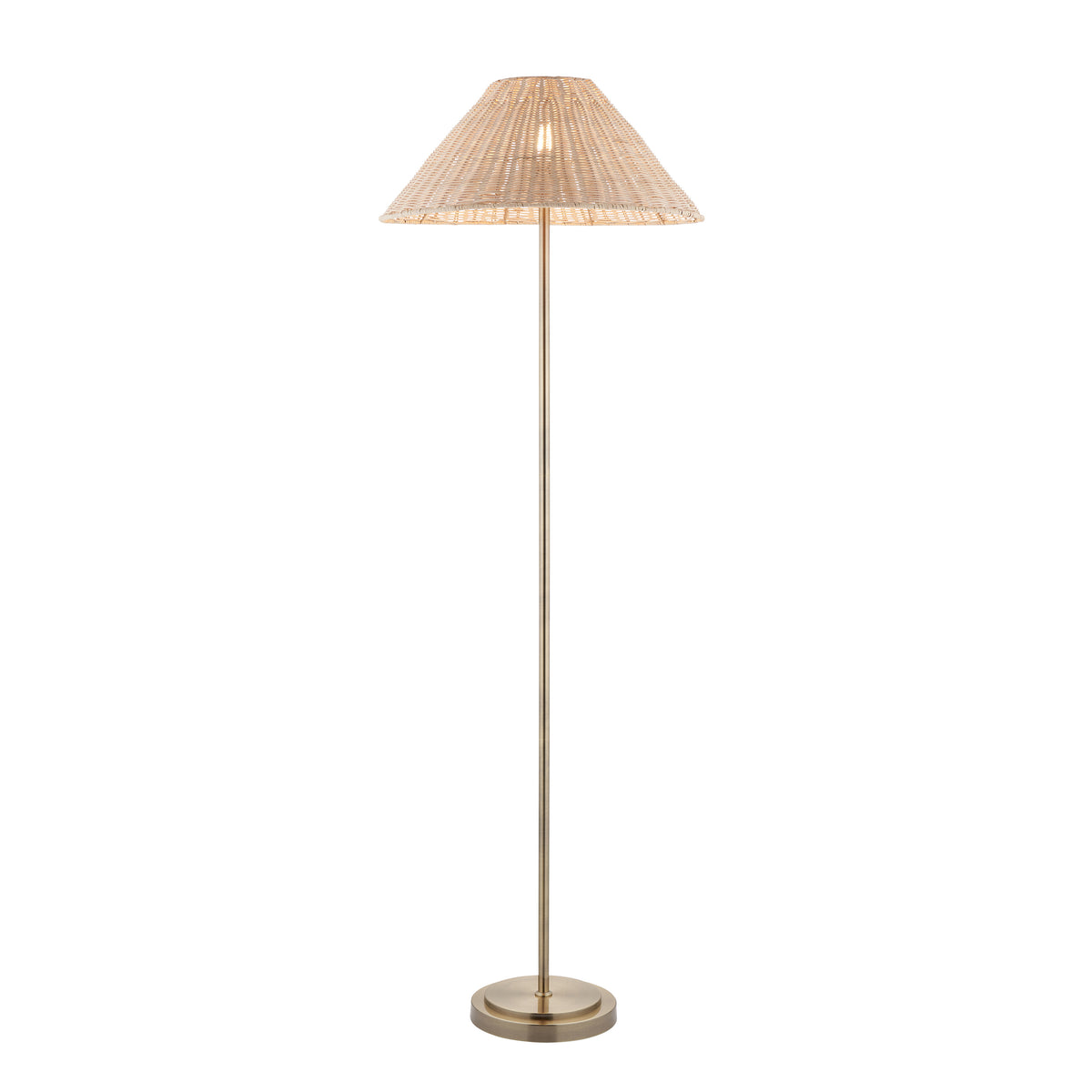 Arlo floor lamp with antique brass stem and natural rattan coolie shade on a white background