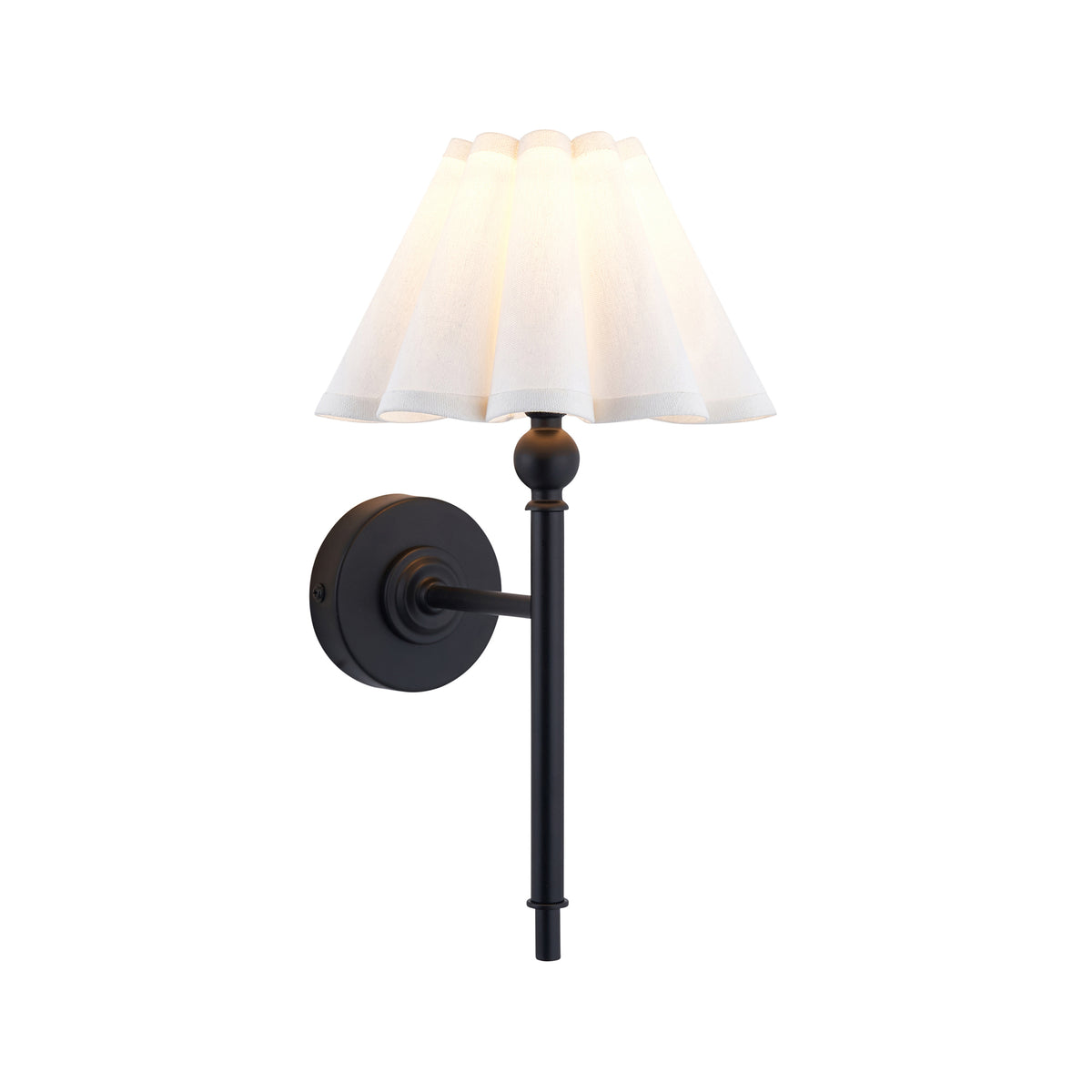 Sylvie wall light in matt black with a white scalloped fabric shade on a plain background