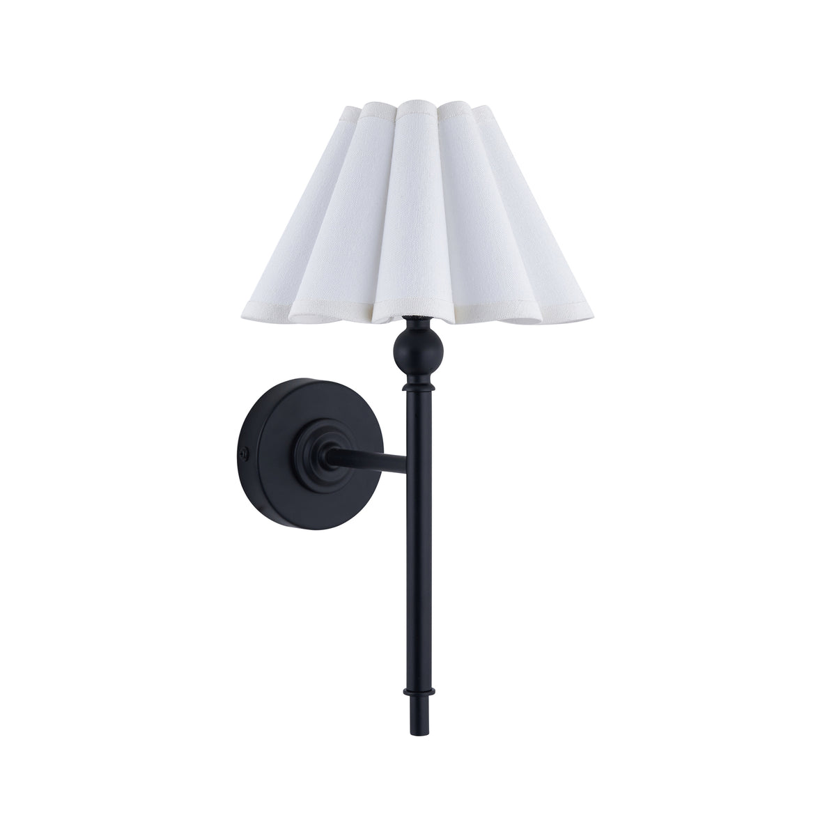 Sylvie matt black wall light with white scalloped shade shown unlit against white