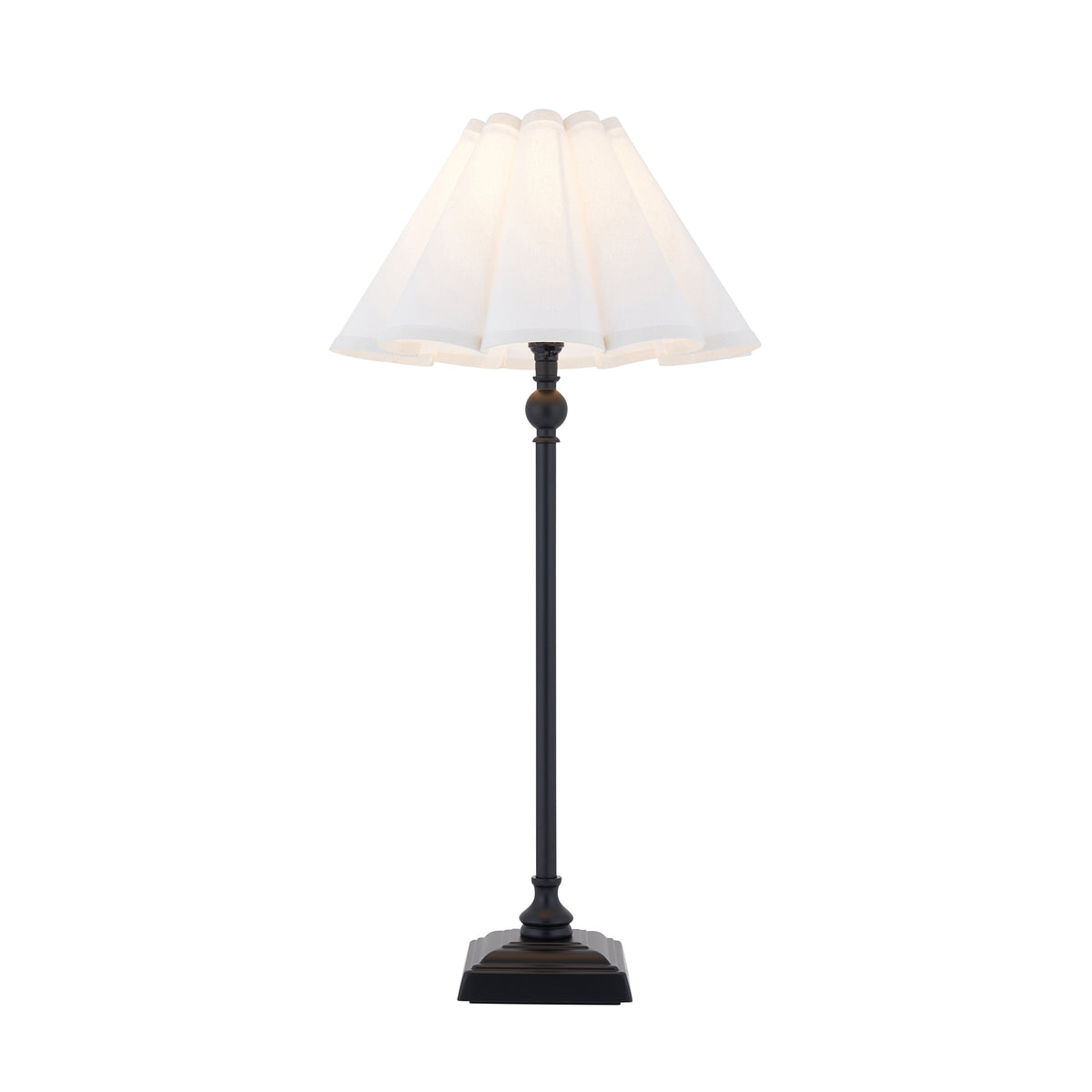 Sylvie table lamp with slim black stem, stepped square base and white scalloped shade