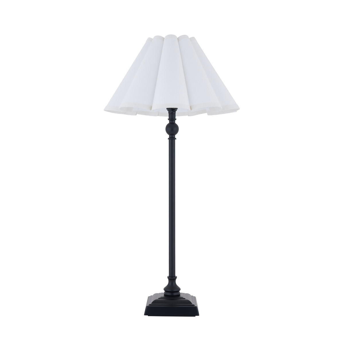 Sylvie black table lamp with white scalloped shade shown unlit on a white background