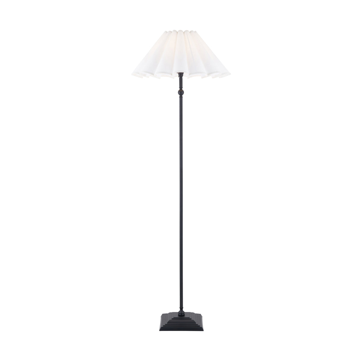 Sylvie floor lamp with matt black stem, stepped square base and white scalloped shade