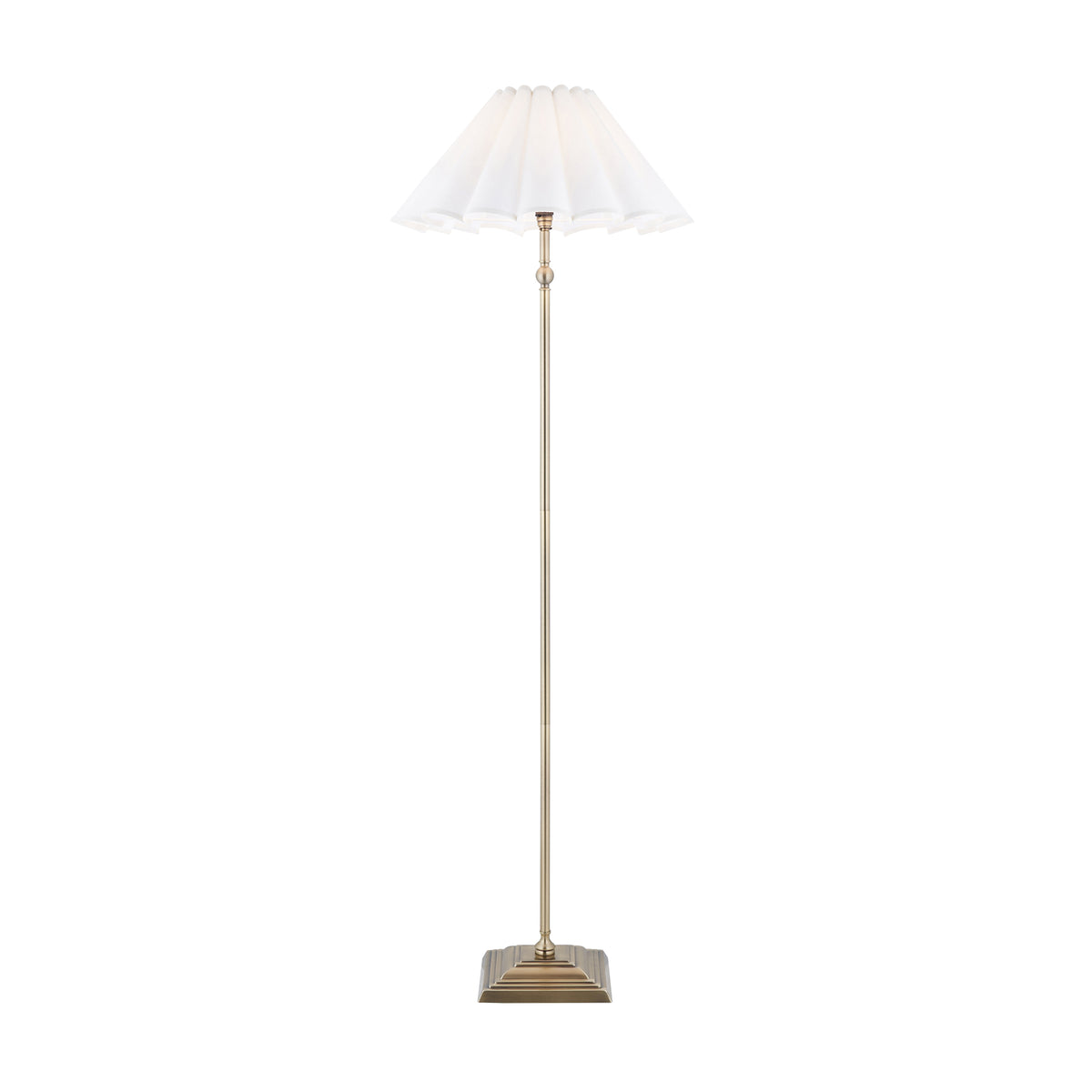 Sylvie floor lamp in antique brass with a stepped square base and white scalloped shade