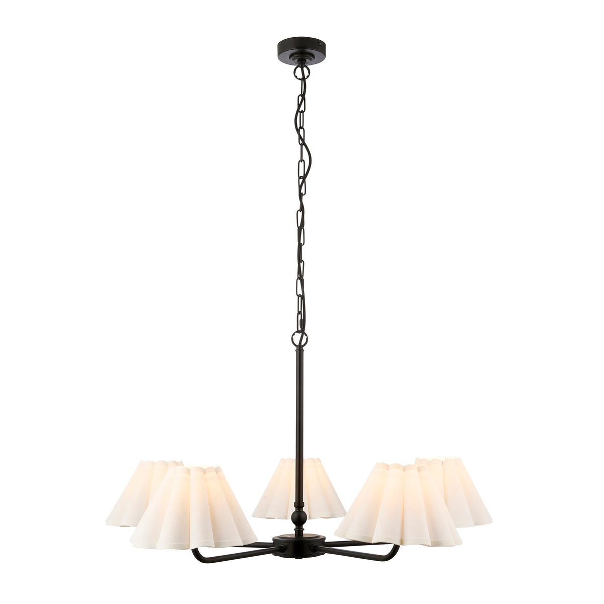 Sylvie five-light pendant in matt black with white scalloped fabric shades and chain suspension