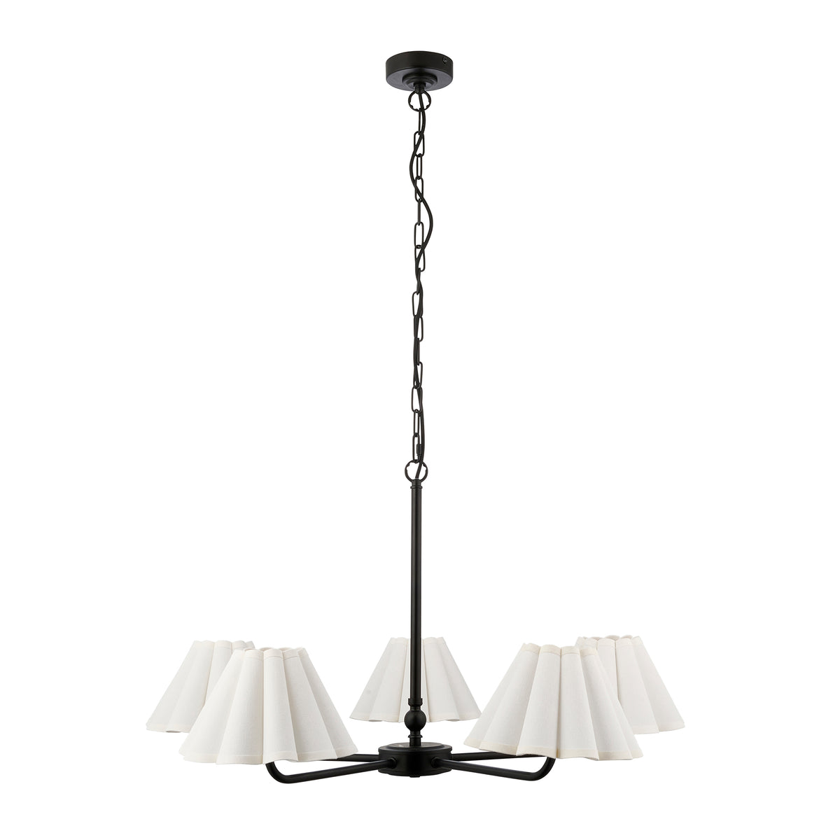 Sylvie black five-light pendant with white pleated shades, side view on a plain background