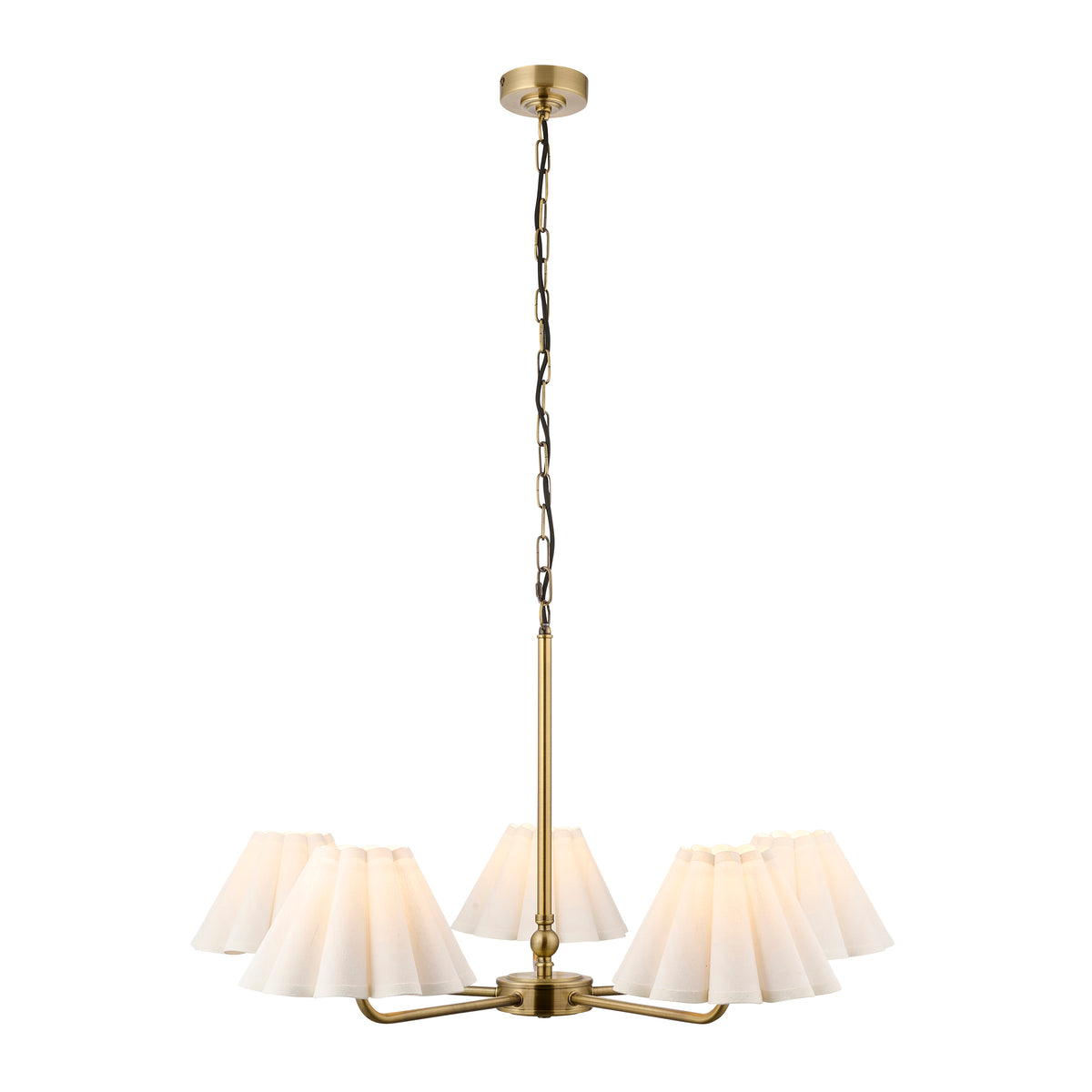 Sylvie antique brass 5-light pendant with white pleated scalloped fabric shades on a chain suspension