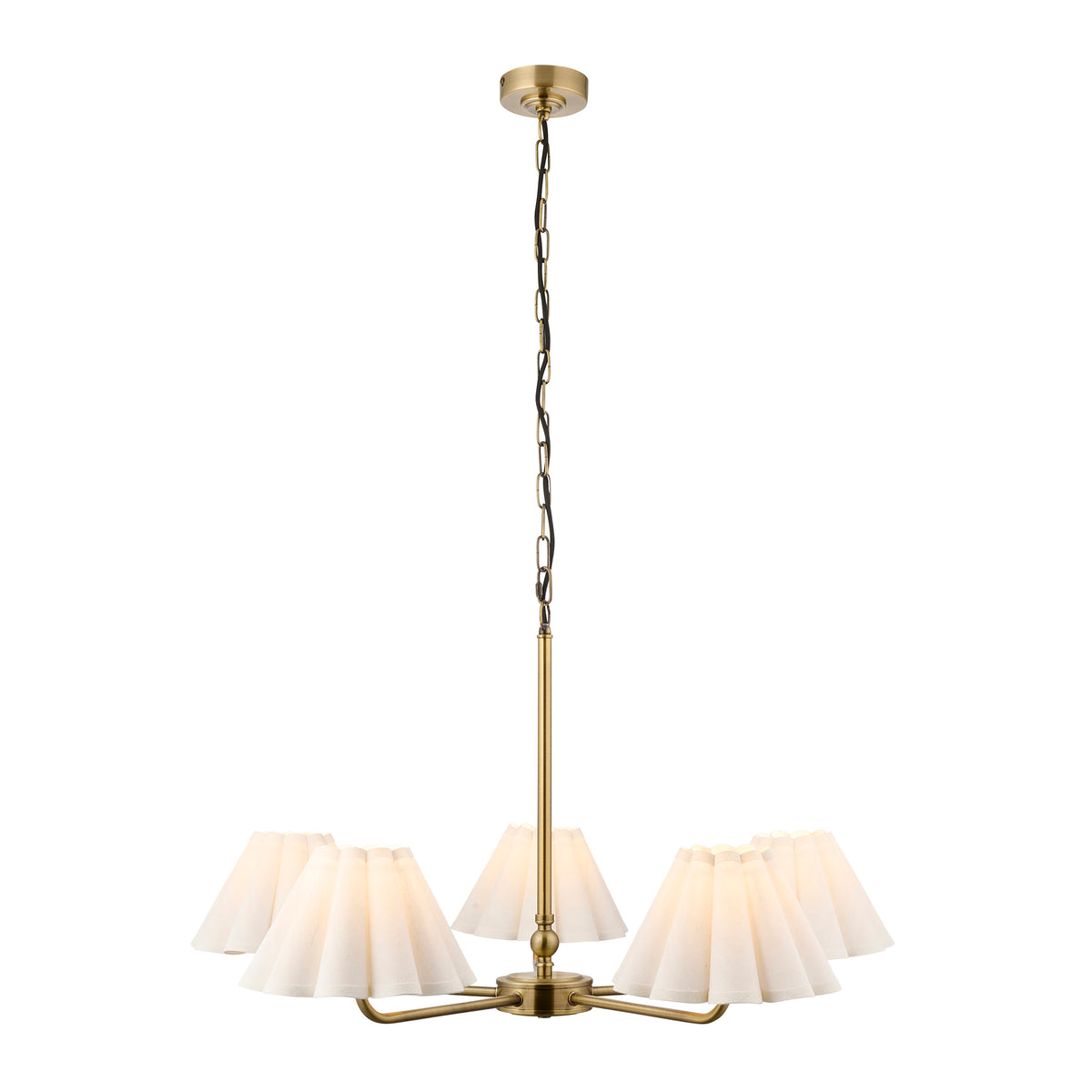 Sylvie antique brass pendant with five cream scalloped shades shown against a plain white background