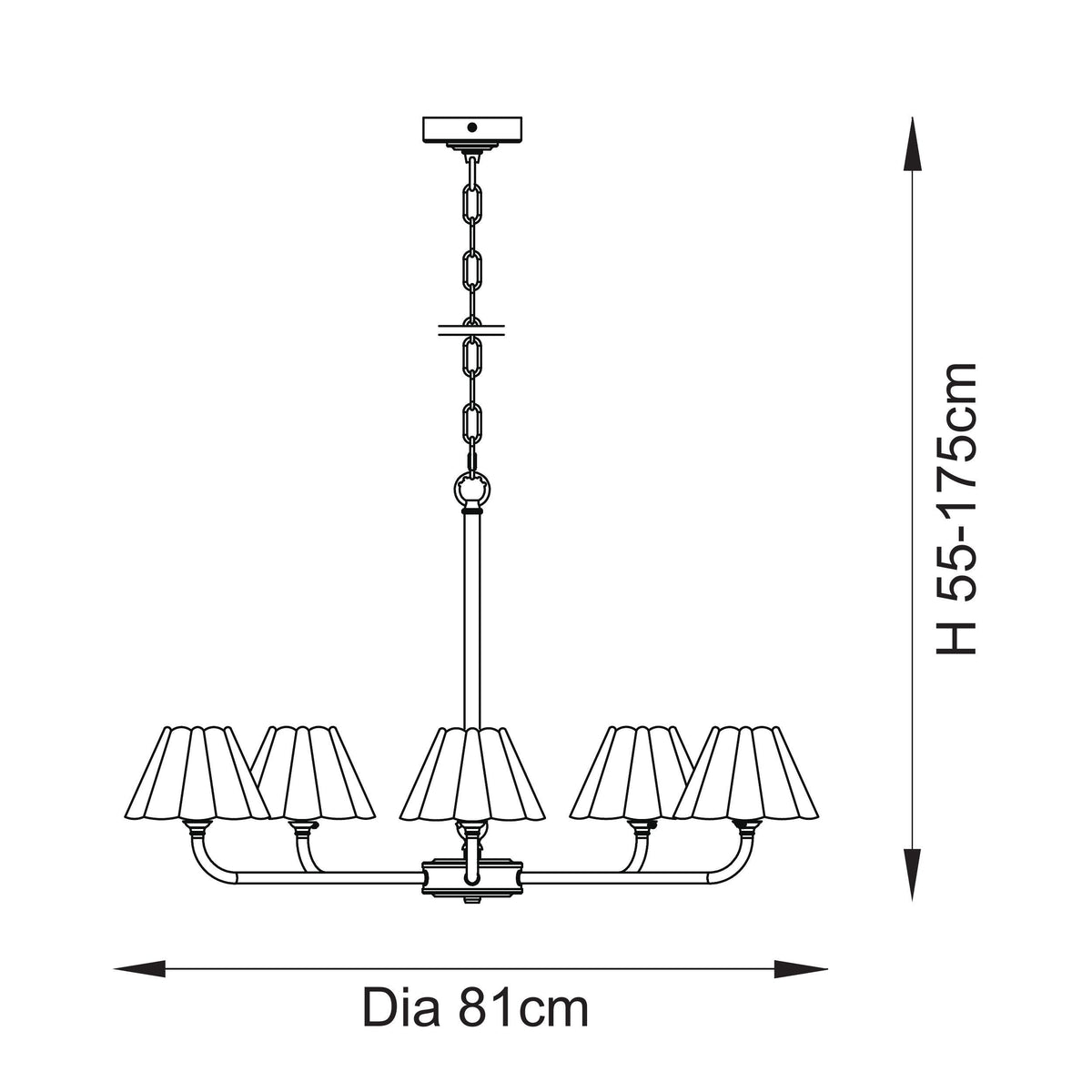 Dimension diagram of the Sylvie antique brass pendant showing overall height and diameter measurements