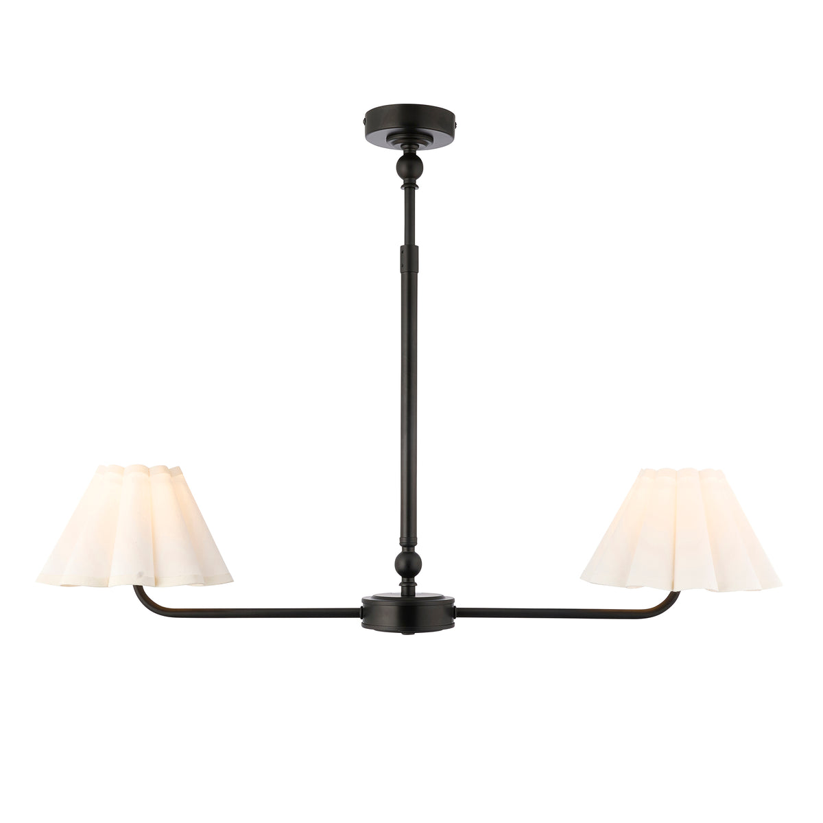 Sylvie black linear pendant with two white scalloped shades on a white studio background