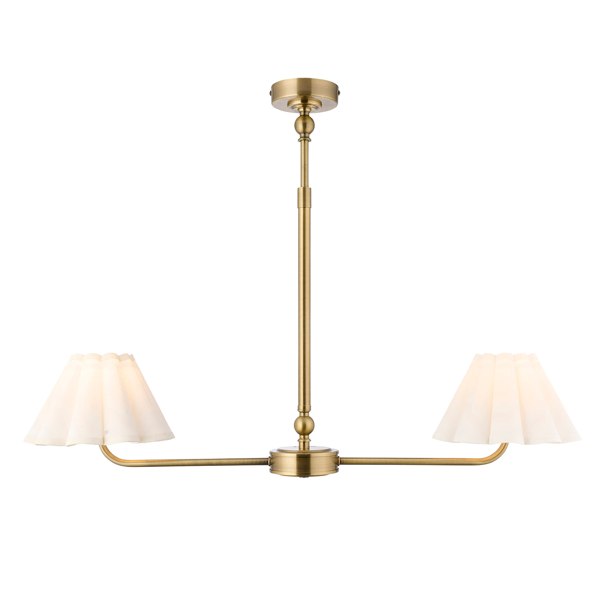 Sylvie brass linear pendant with two white scalloped shades on a plain studio background