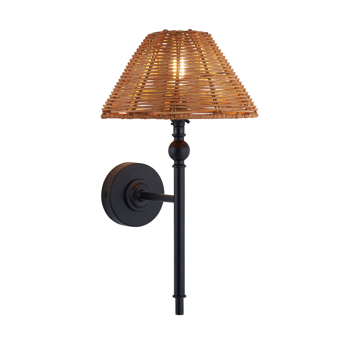 Jericho matt black wall light with a tapered brown woven rattan shade on a slim stem