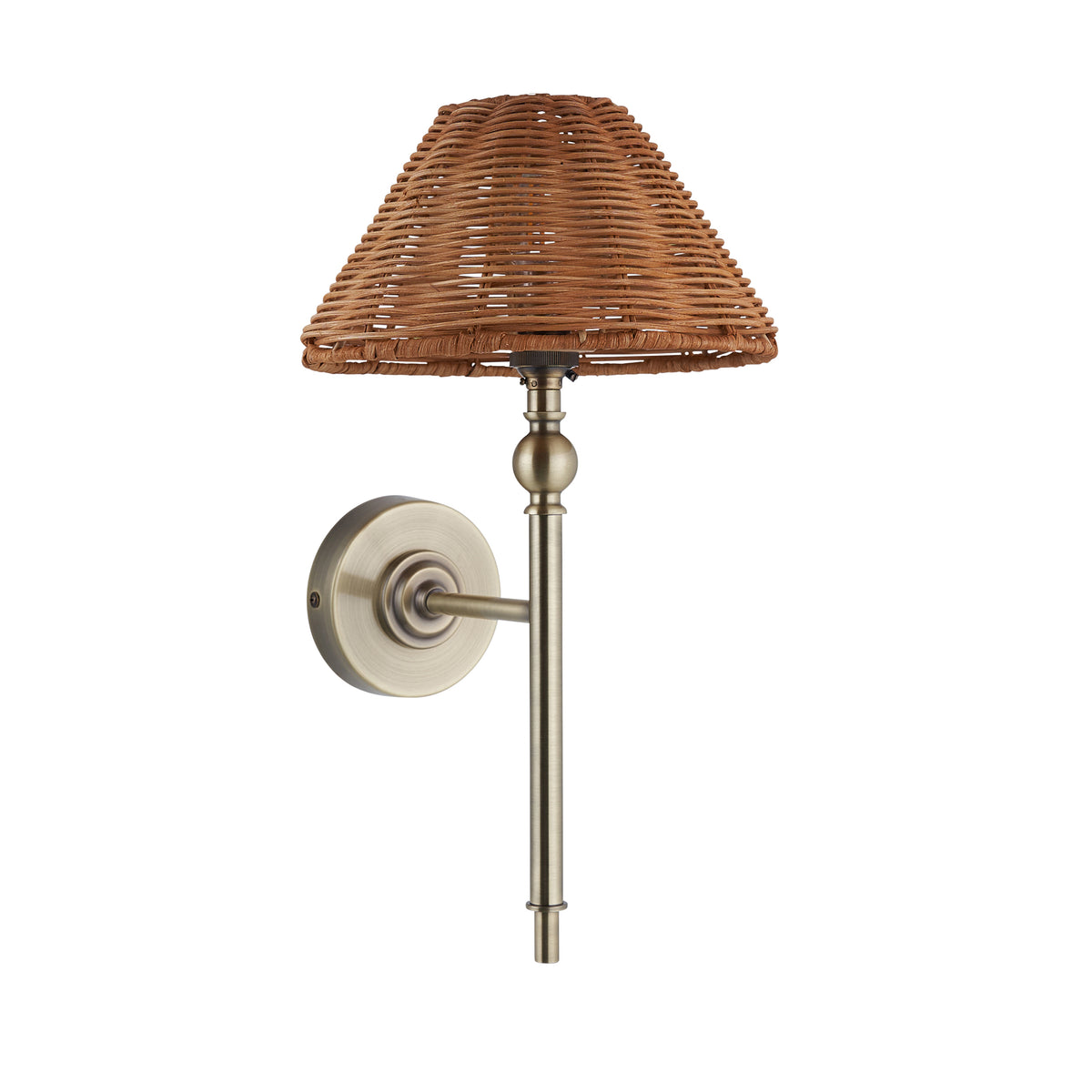 Jericho antique brass wall light with brown rattan coolie shade on a white studio background