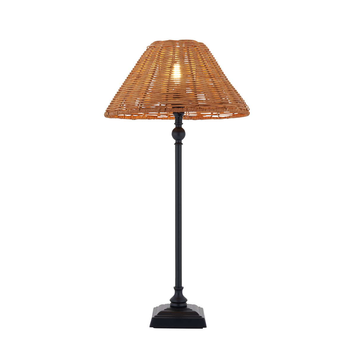 Jericho black table lamp with a slim turned stem, square base and brown woven rattan shade