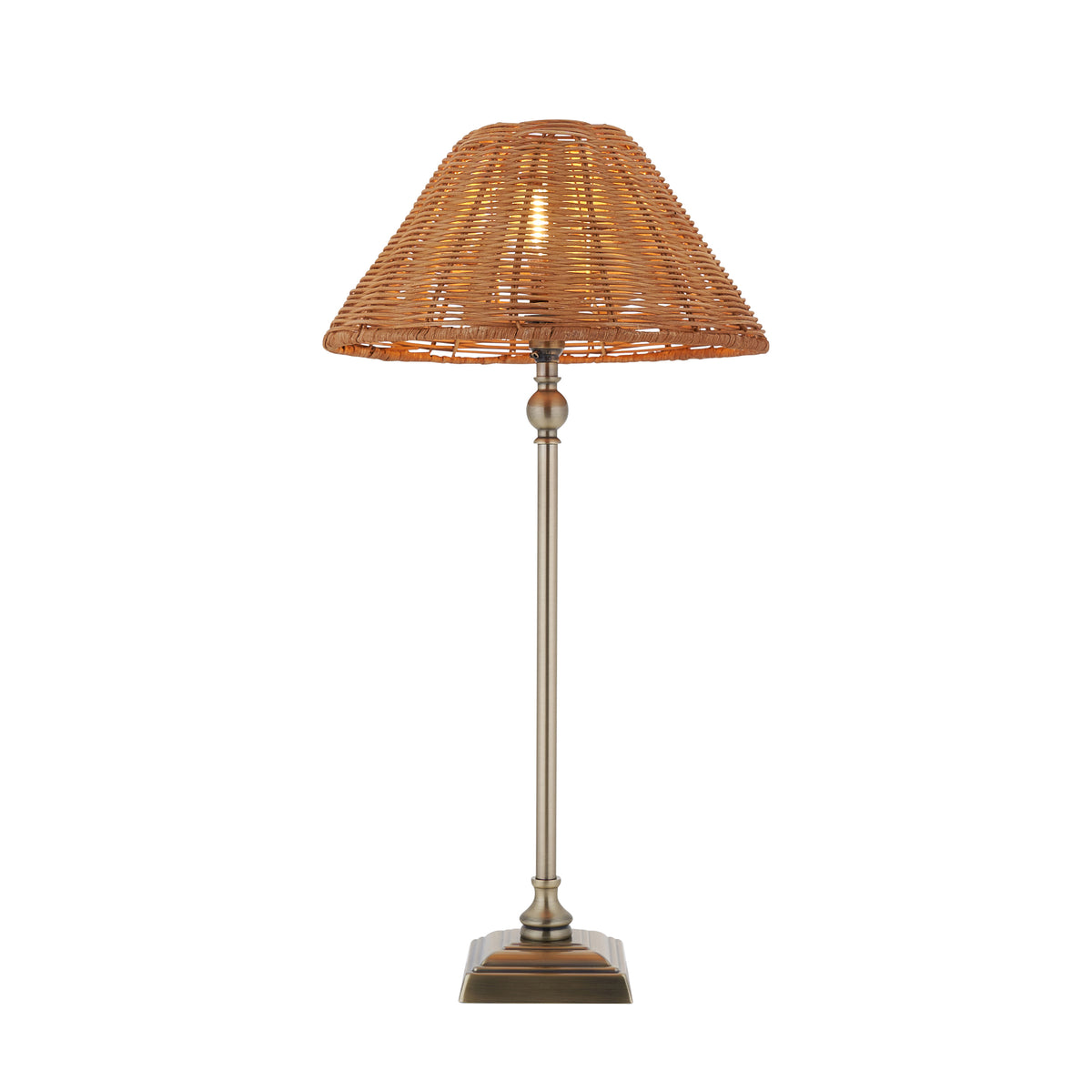Jericho antique brass table lamp with turned stem, square base and brown woven rattan shade