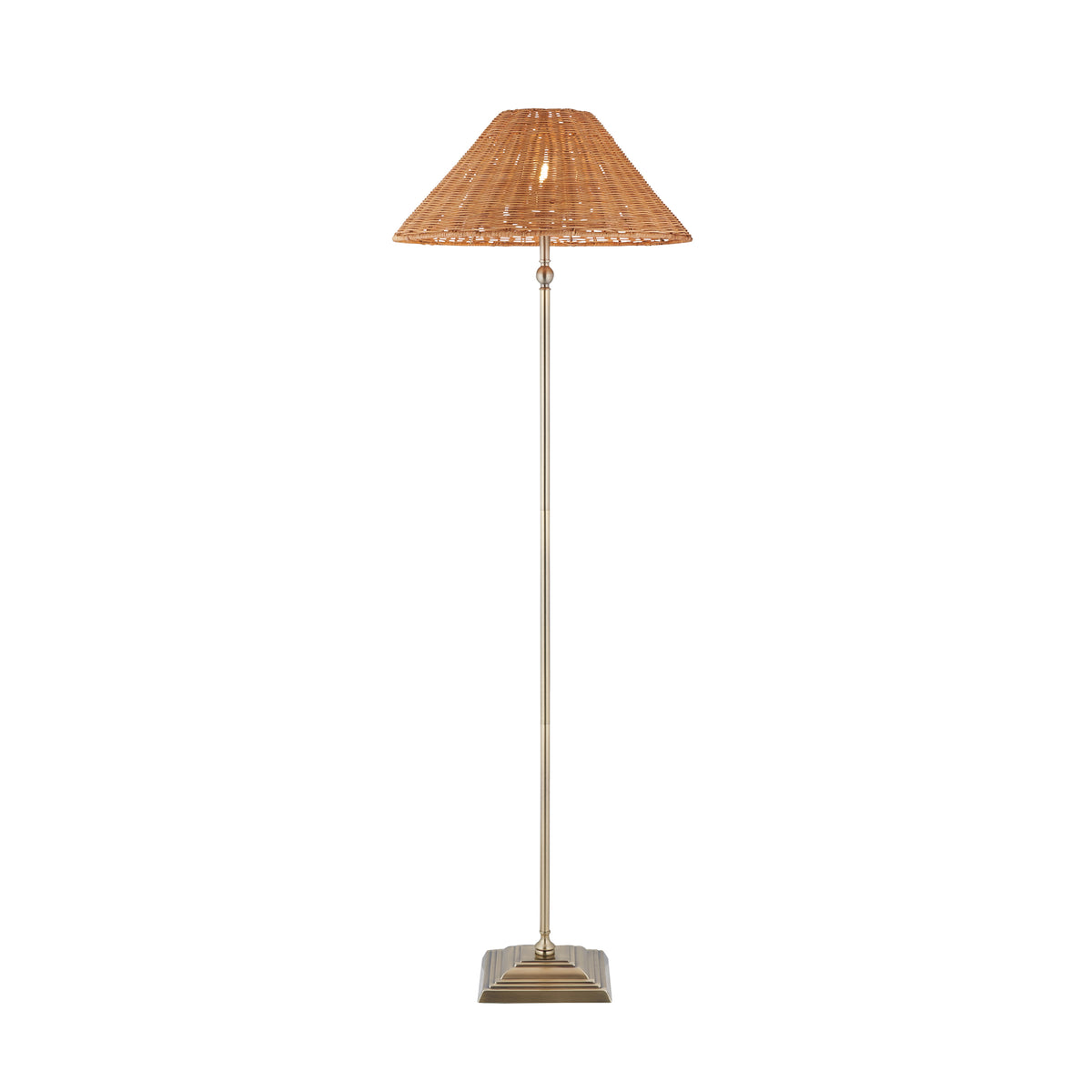 Jericho antique brass floor lamp with a wide conical brown rattan shade and stepped square base