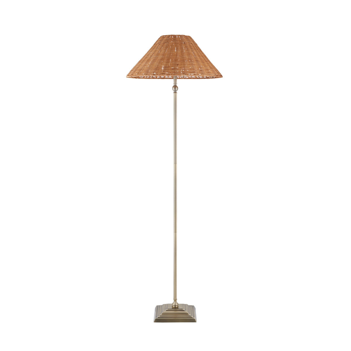 Jericho antique brass floor lamp with brown rattan coolie shade on a white background
