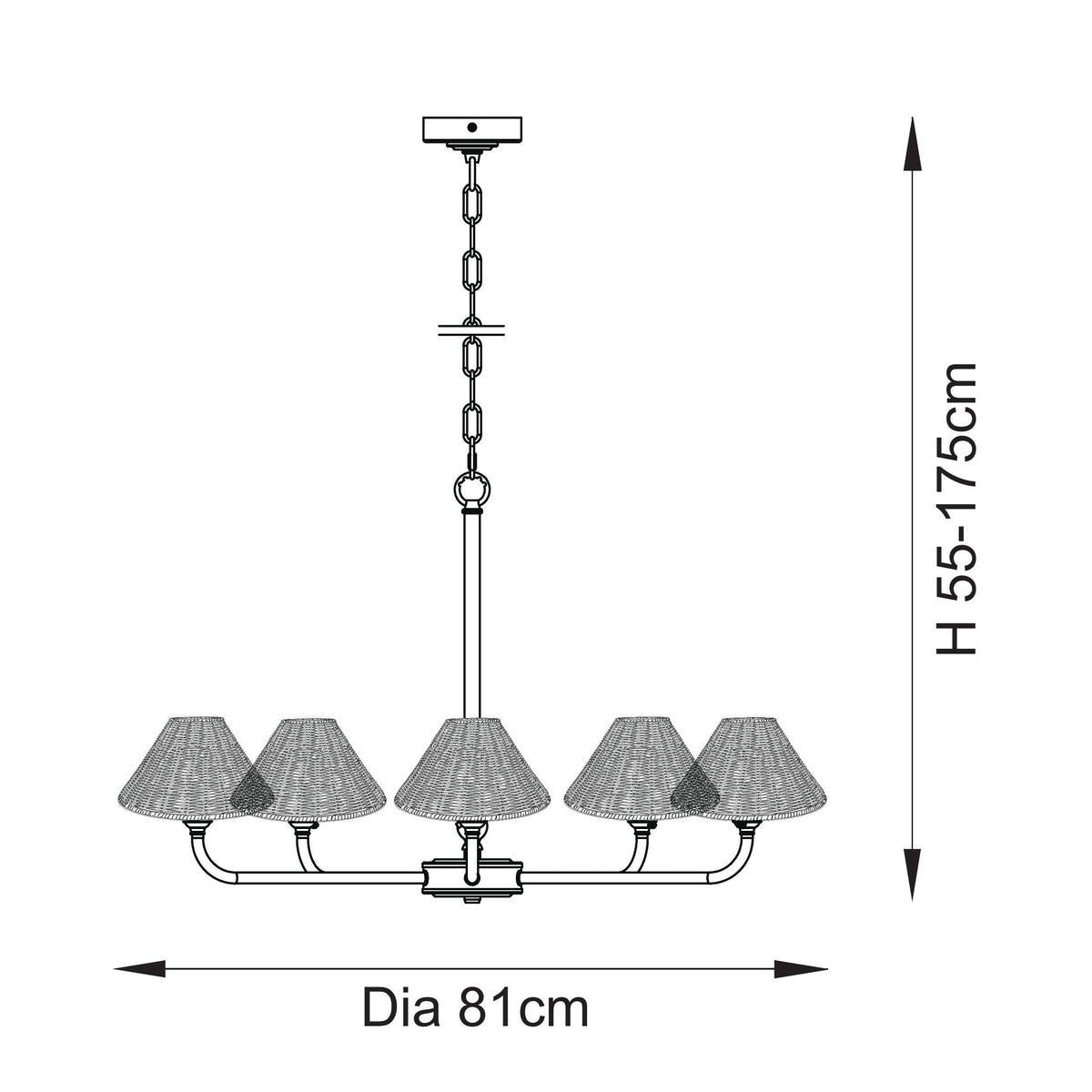 Dimension diagram of the Jericho chandelier showing overall height and diameter measurements