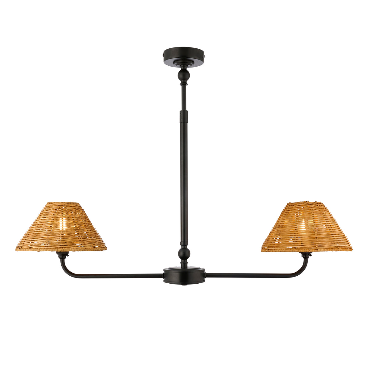 Jericho black two-light linear pendant with rattan shades on a plain background