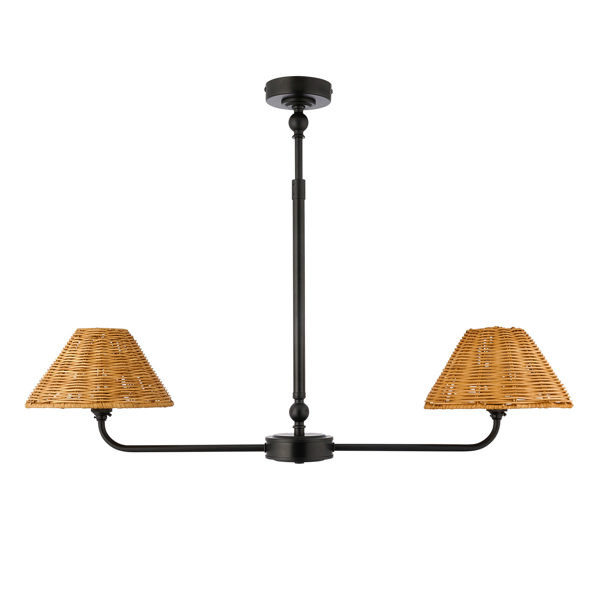Jericho black linear pendant with natural rattan shades shown straight on