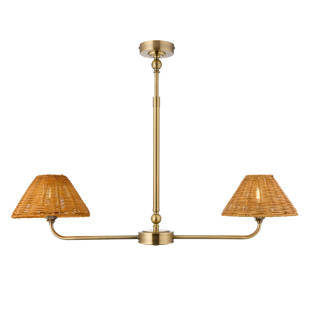 Jericho antique brass linear pendant with two woven brown rattan coolie shades on a slim bar