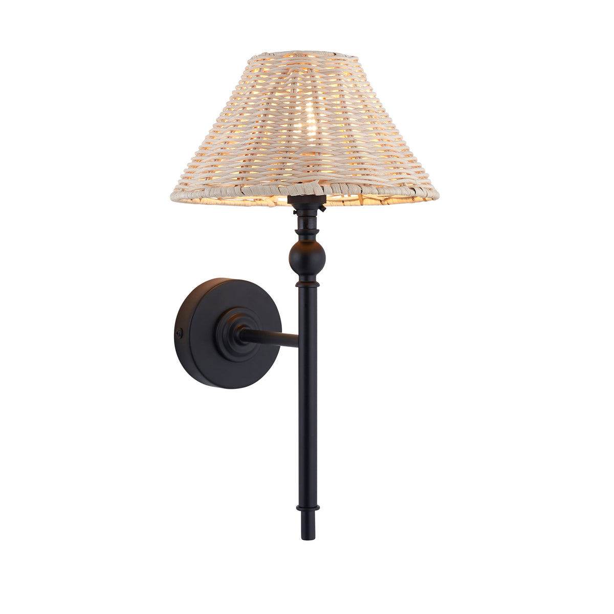 Jericho matt black wall light with a natural woven rattan coolie shade and turned stem