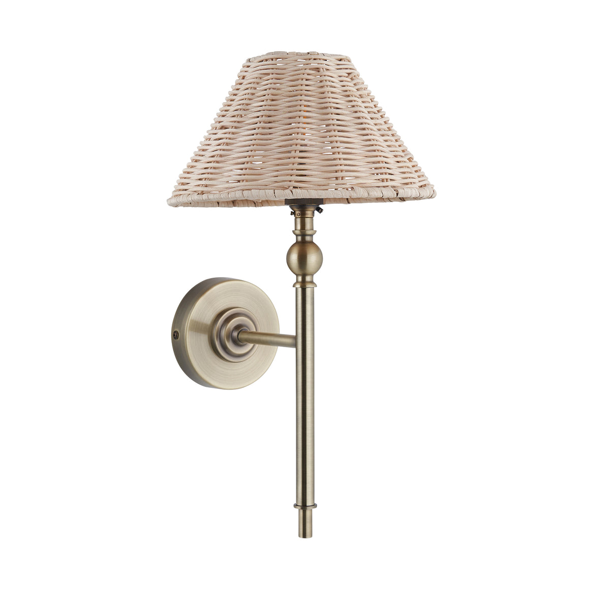Jericho antique brass wall light with natural rattan shade on a white background