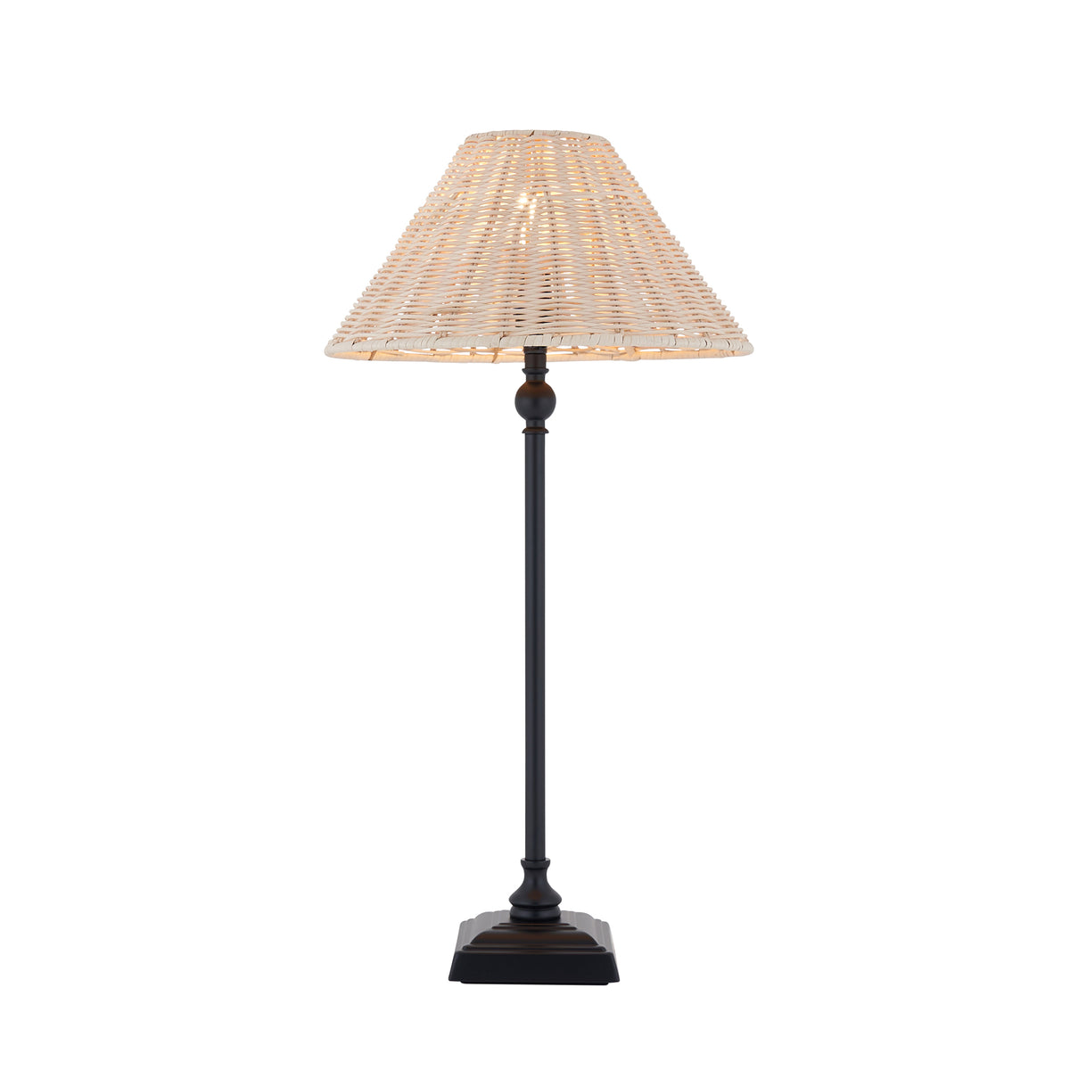 Jericho black table lamp with a woven natural rattan coolie shade and stepped square base